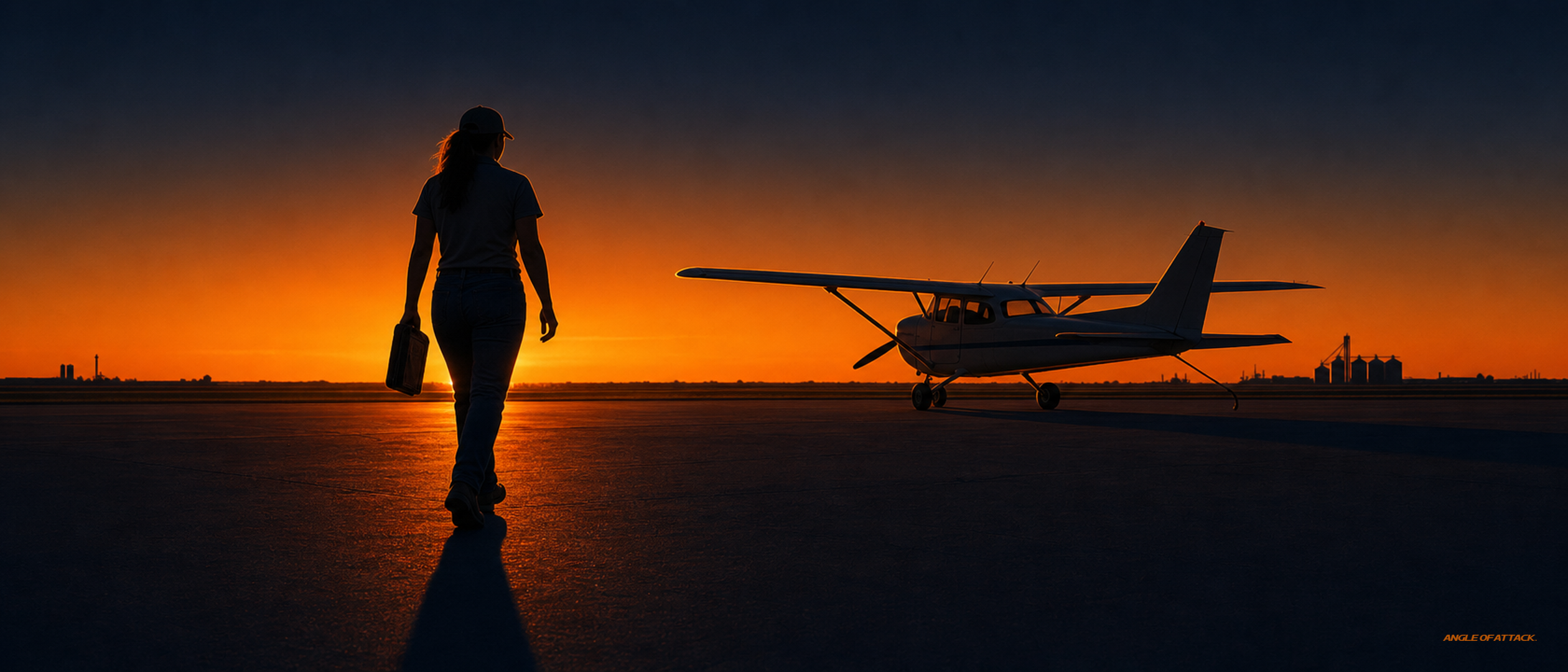 Pilot walking purposefully toward a Cessna 172 at sunset — Angle of Attack the work begins