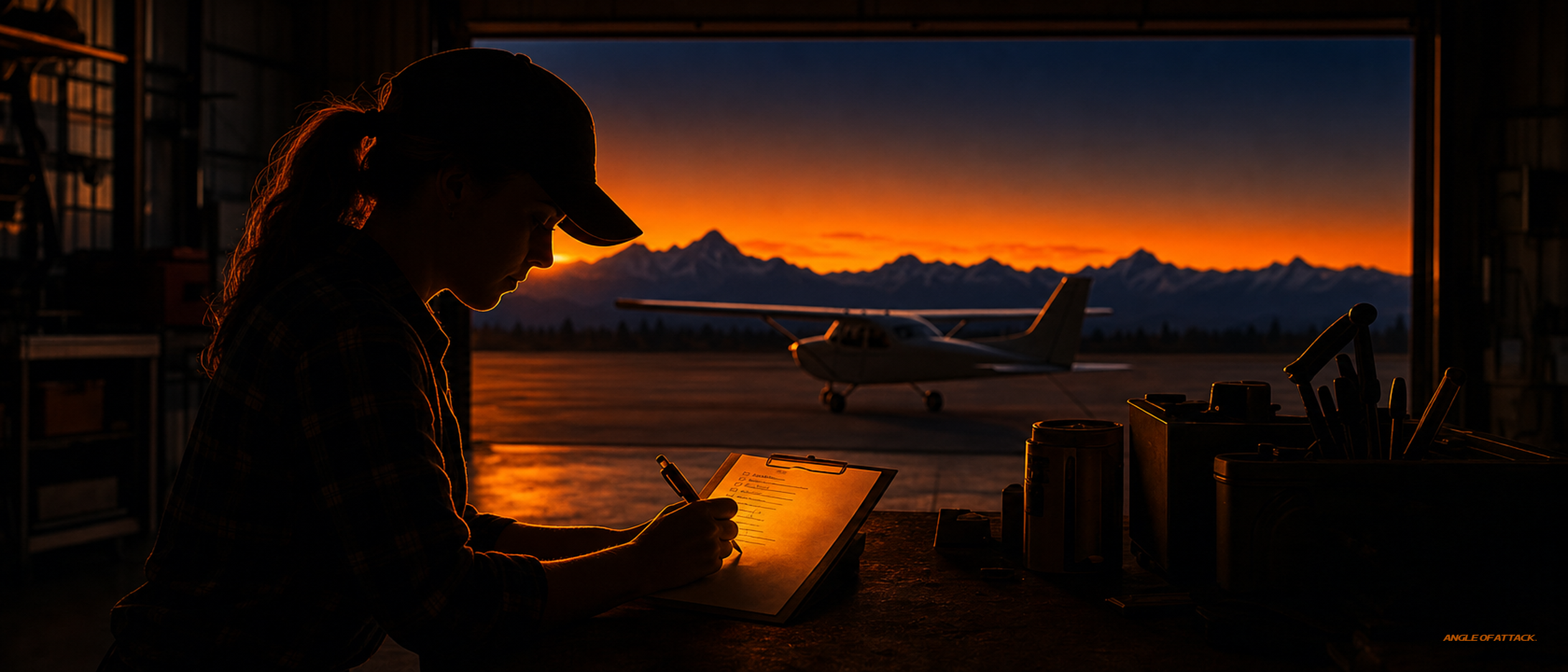 Pilot crossing items off a hangar-bench checklist at sunset — Angle of Attack CFI common myths debunked