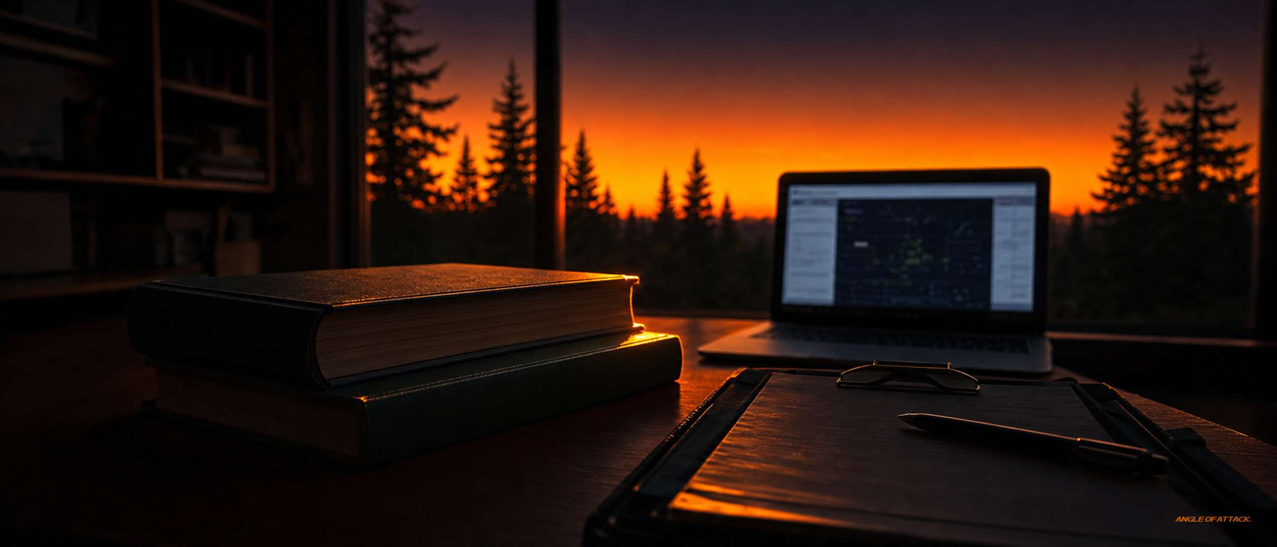 Two FAA-style hardcover books and laptop on a study desk at sunset — Angle of Attack CFI knowledge tests