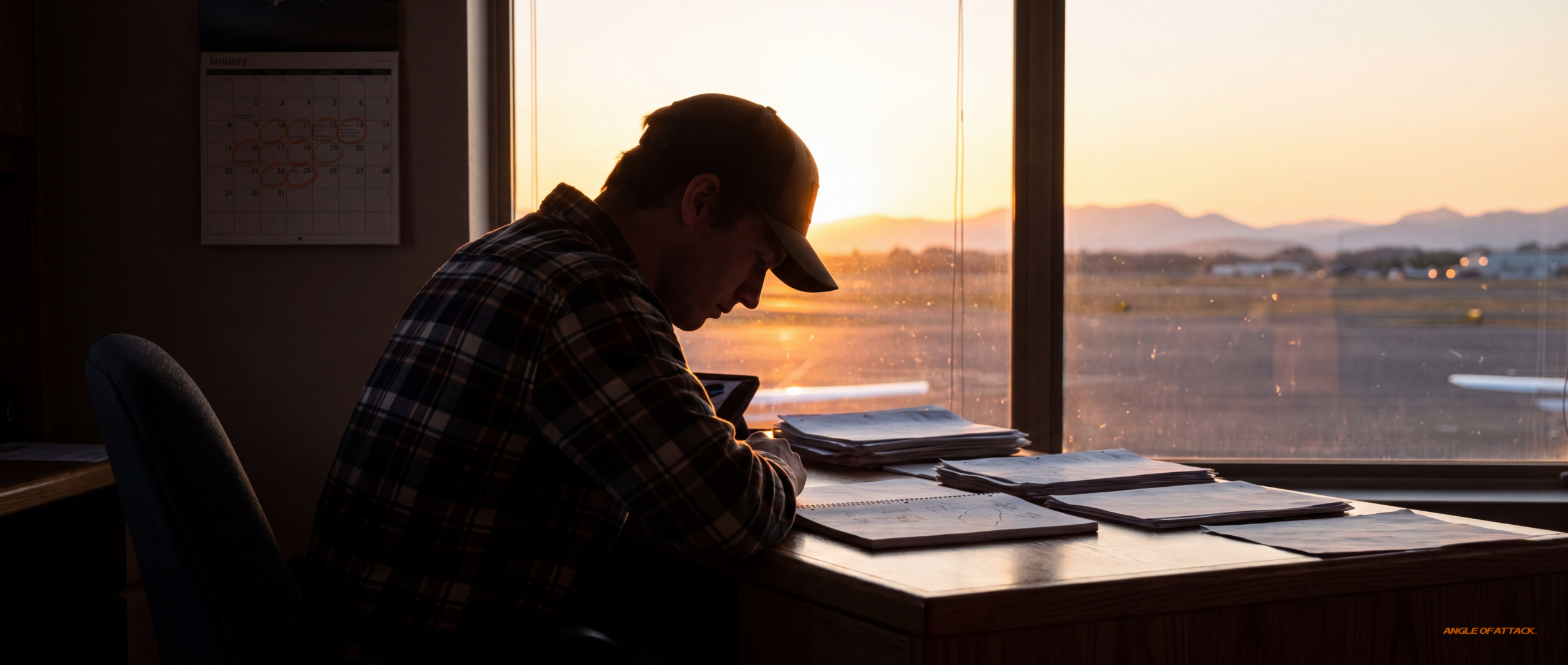 A CFI candidate (silhouette) at a flight school office desk at sunset, head down, focused. A wall calendar in the backgr