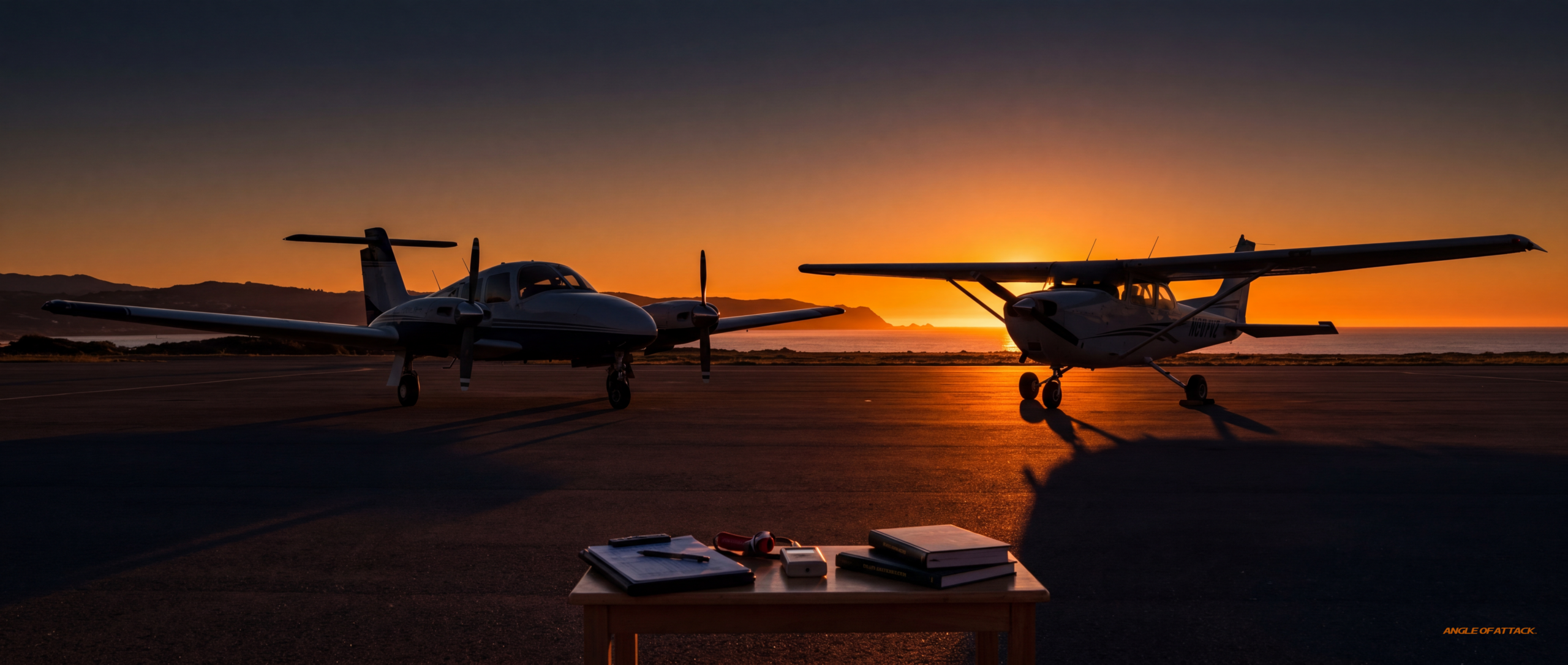 A flight school ramp at sunset. A multi-engine airplane (Piper Seminole profile) and a Cessna 172 silhouetted side-by-si