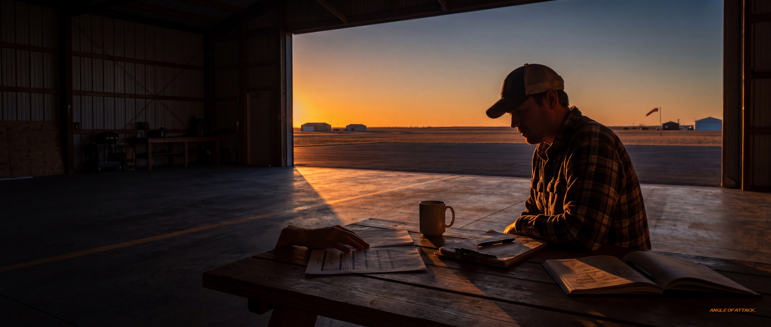 A pilot at a hangar table at sunset, silhouetted, looking at a printed three-column comparison sheet. Hand resting on th