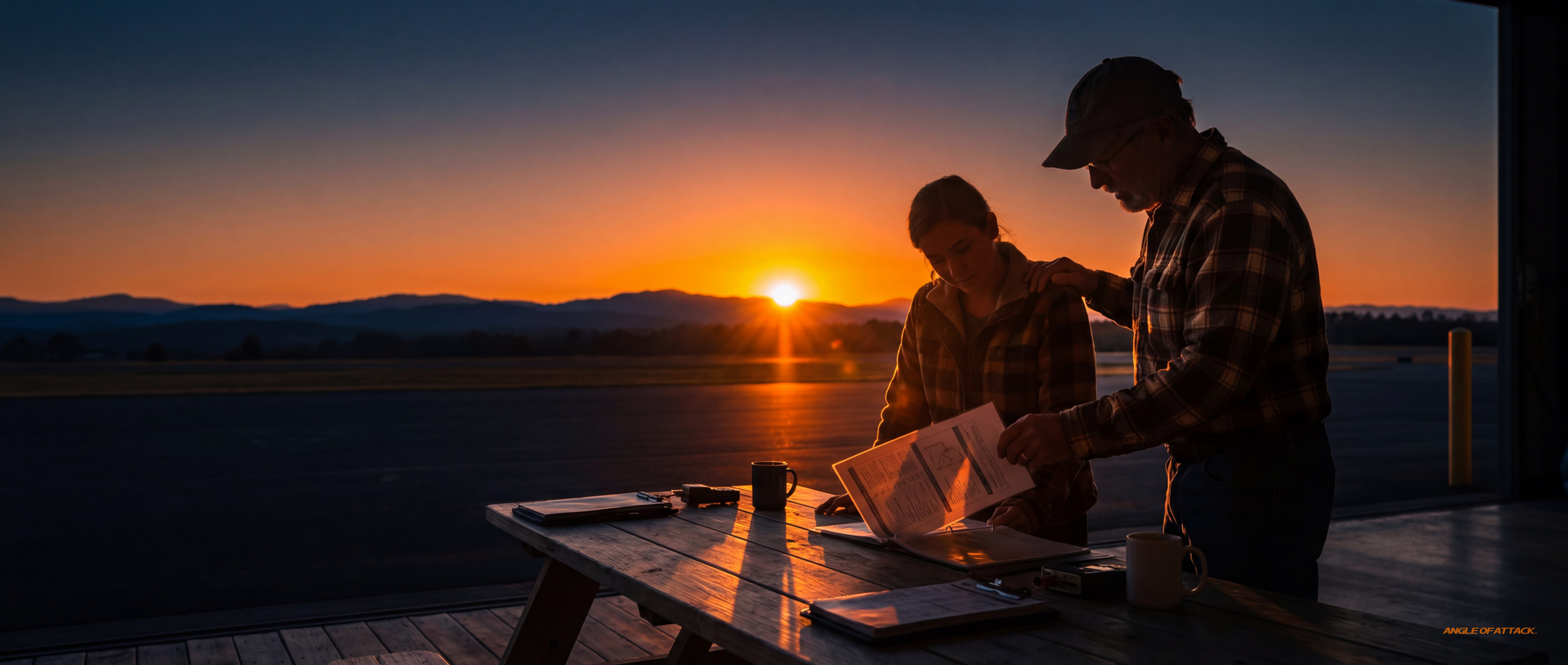 A briefing table at sunset. A senior CFI mentor and candidate in silhouette beside each other, mentor with a hand on the
