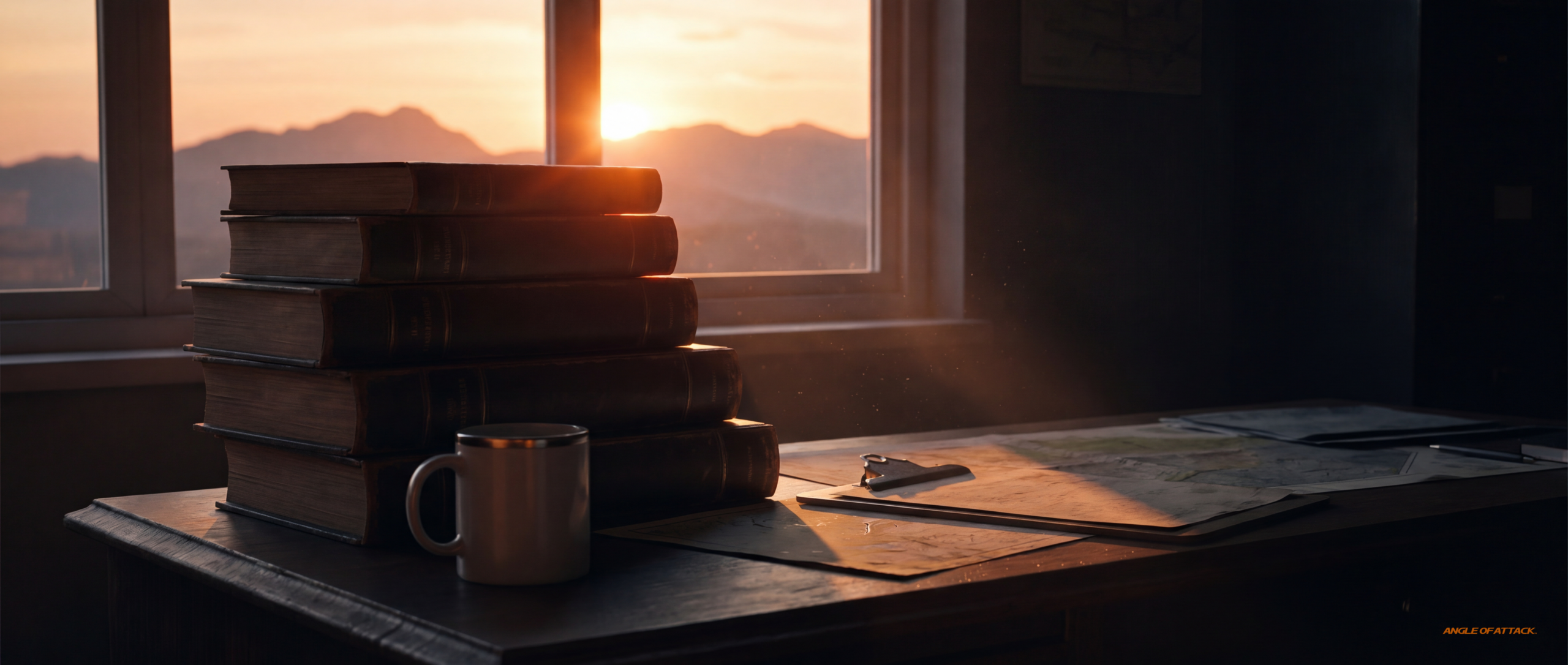 A pilot's home study desk at sunset. Five identical generic FAA-style hardcover books stacked in a stepped progression (
