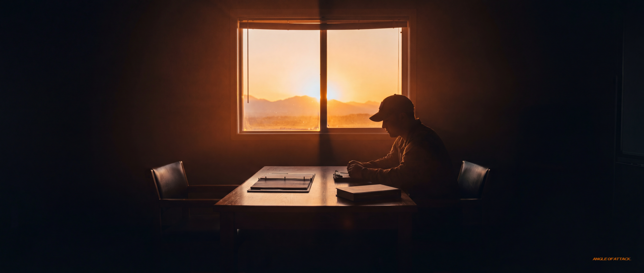 A briefing room at sunset, table set with a one-page lesson plan, kneeboard, and ACS book. Empty chair on one side; CFI 