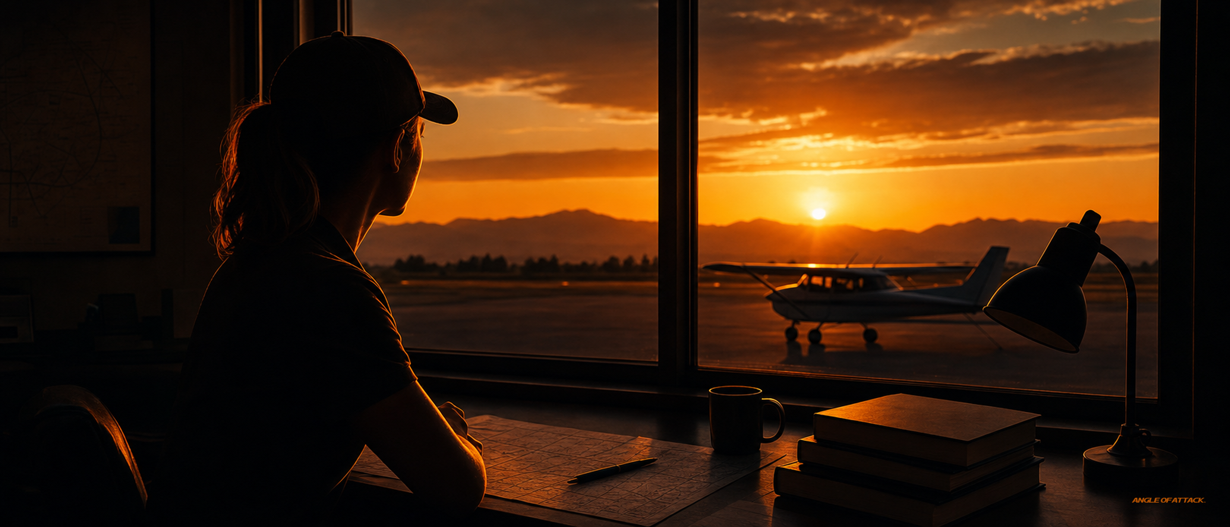 Pilot looking toward a Cessna 172 silhouette after closing the books — Angle of Attack written tests done, airplane next