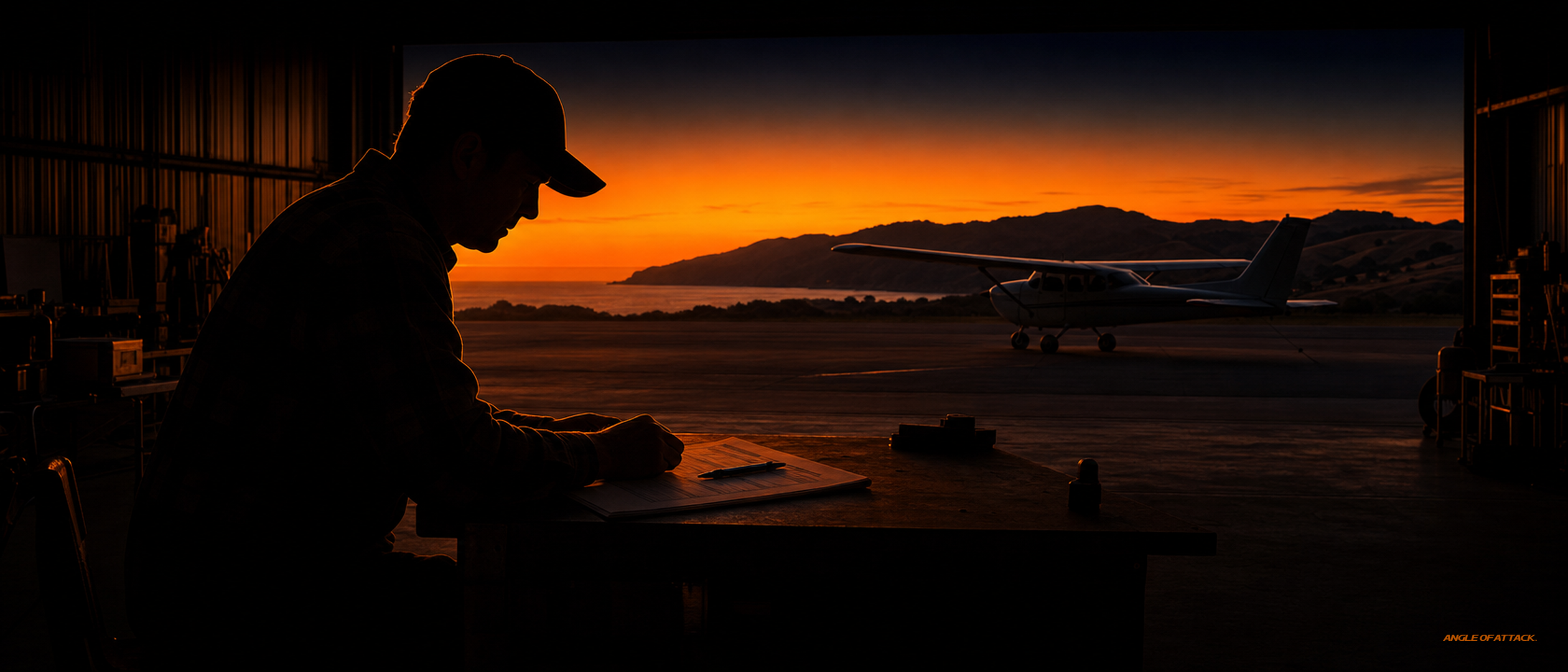 Pilot at a hangar table reviewing a retest study sheet at sunset — Angle of Attack CFI written retest mechanics