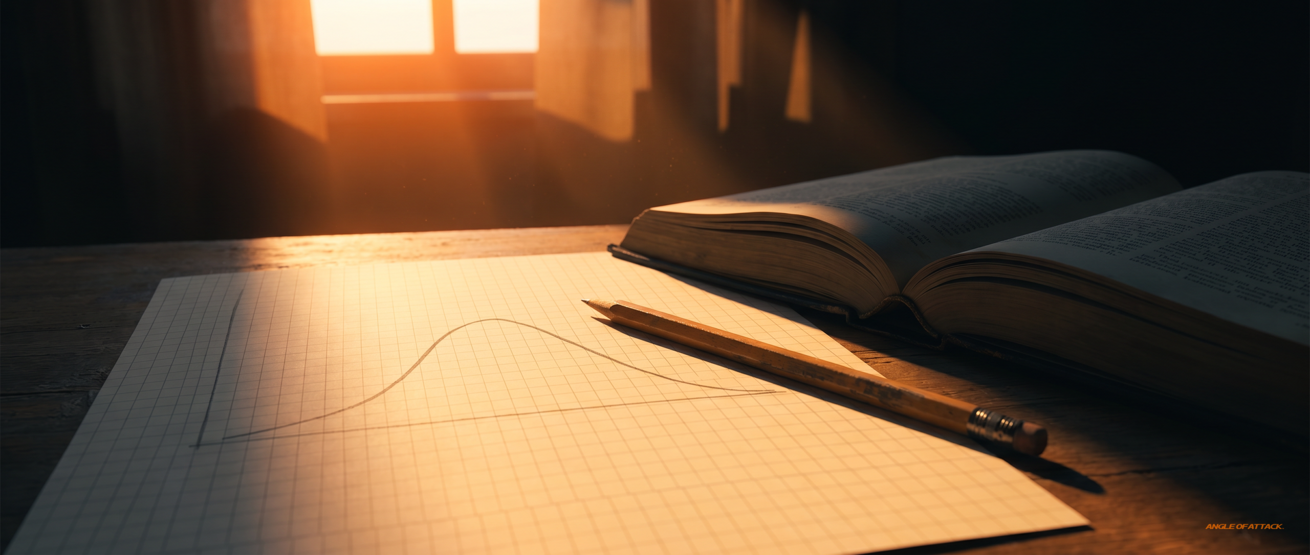 Hand-drawn aerodynamics curve on grid paper at sunset — Angle of Attack FIA aerodynamics study