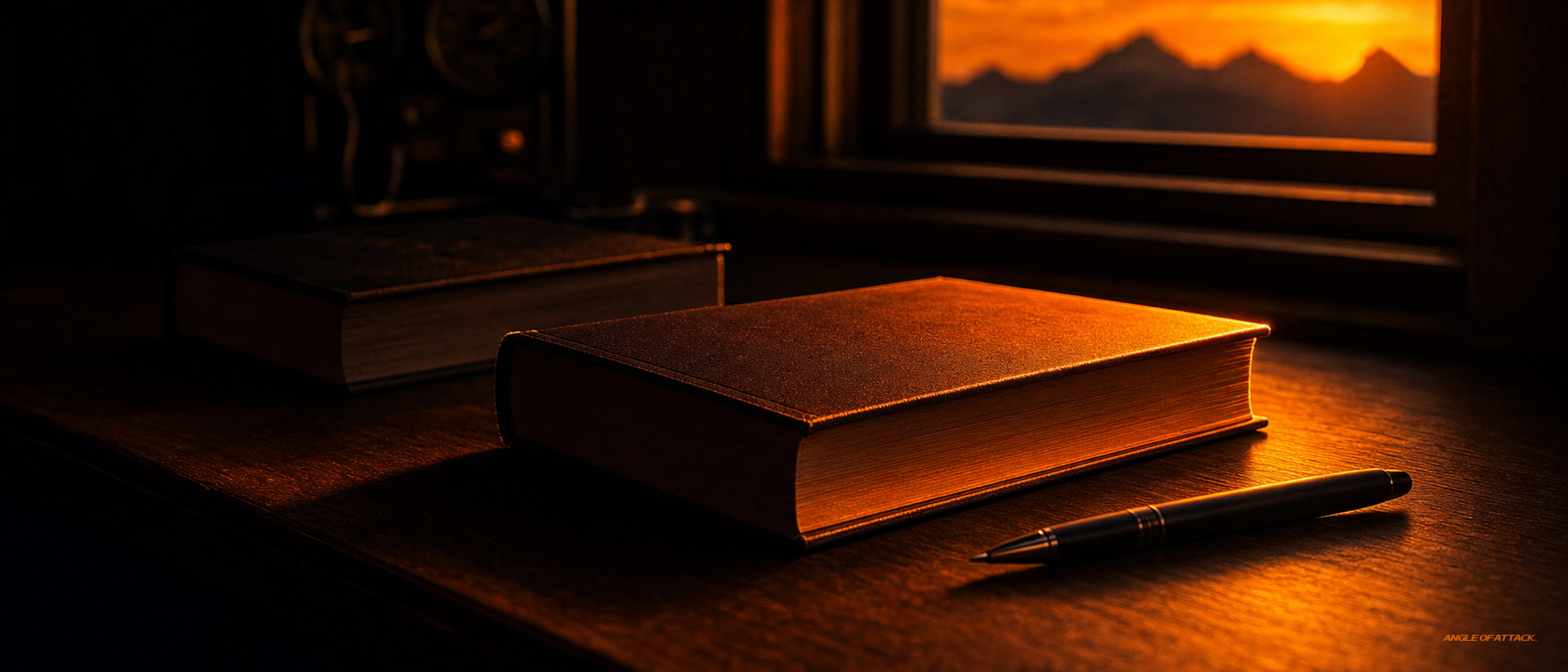 Two FAA-style hardcover books on a desk at sunset, one rim-lit and forward of the other — Angle of Attack CFI written test order