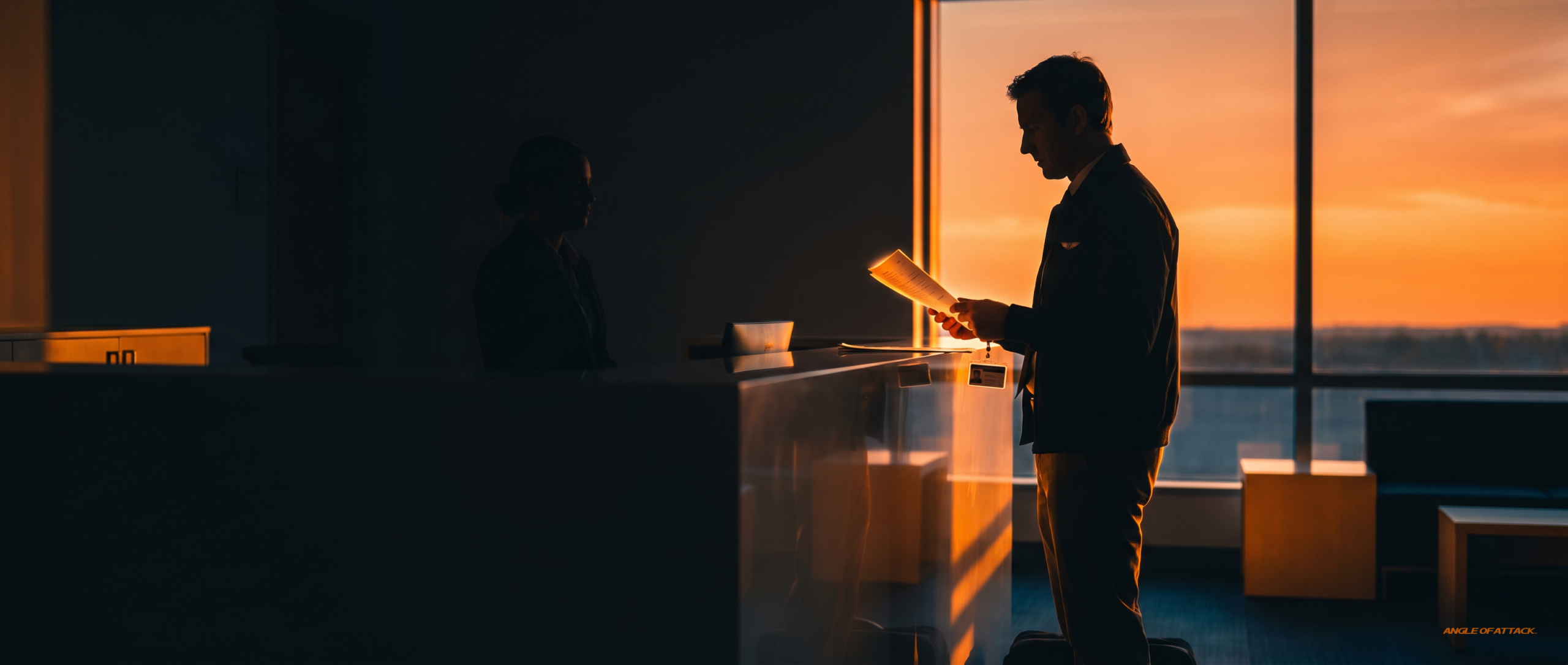 Modern testing center at sunset, pilot at reception with paperwork — Angle of Attack CFI written test day