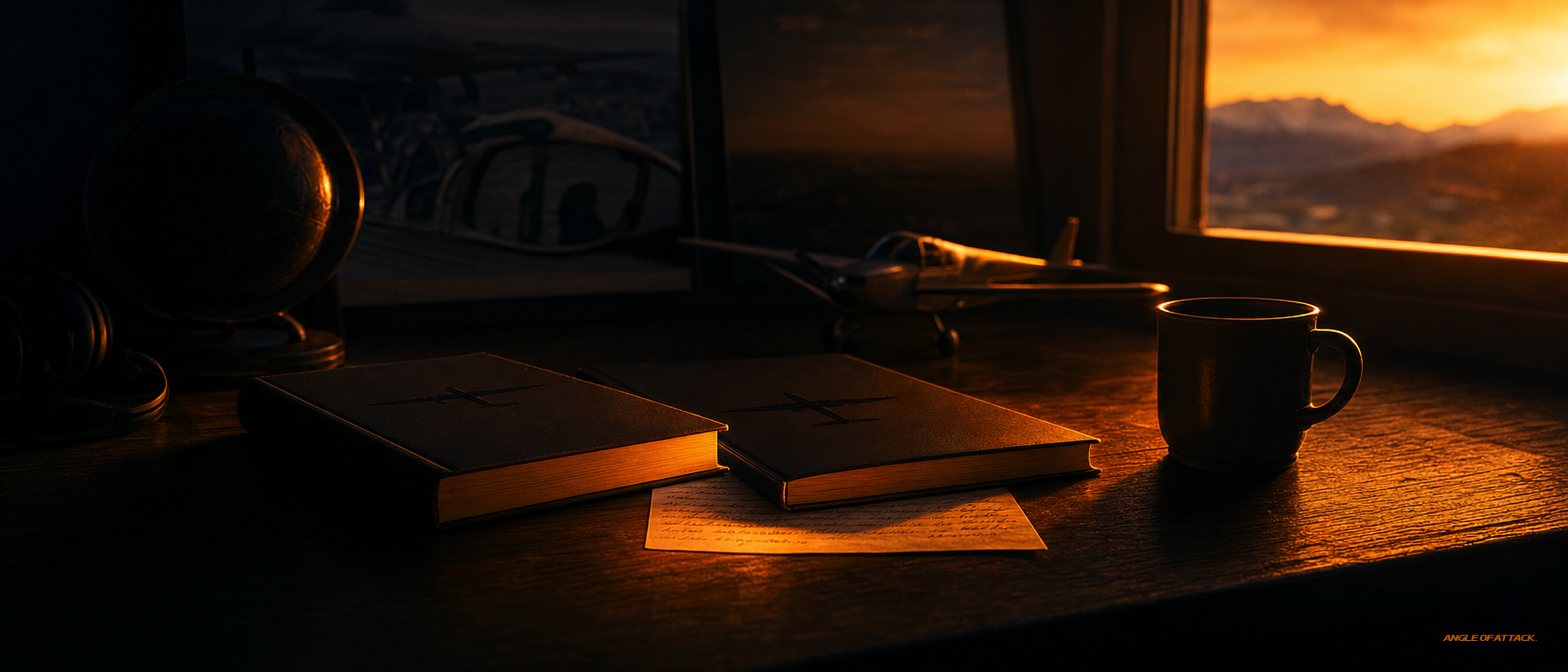 Two FAA-style hardcover books on a study desk at sunset — Angle of Attack CFI knowledge test introduction