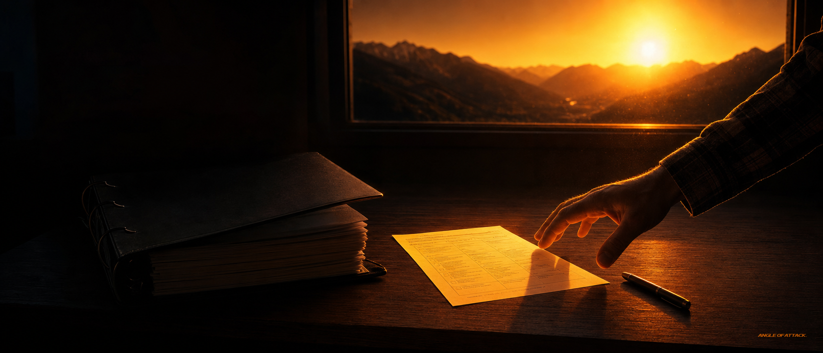 Hand reaching for a one-page plan, ignoring a thick binder in shadow — Angle of Attack anti-binder philosophy