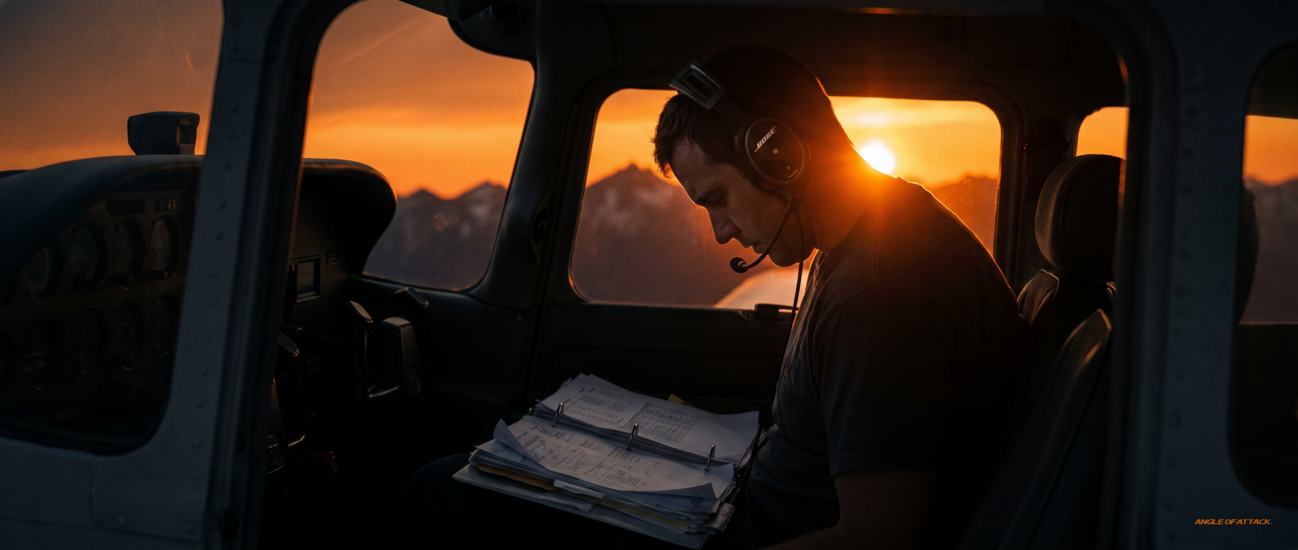 Cessna 172 cockpit at sunset with a candidate struggling with a thick binder — Angle of Attack anti-binder lesson plans