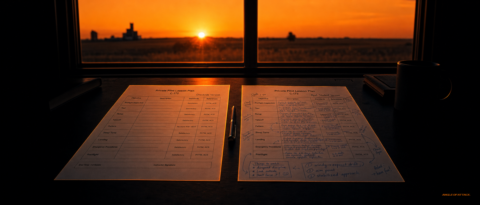 Two one-page lesson plans side-by-side at sunset, one structured one annotated — Angle of Attack checkride vs real-student plans