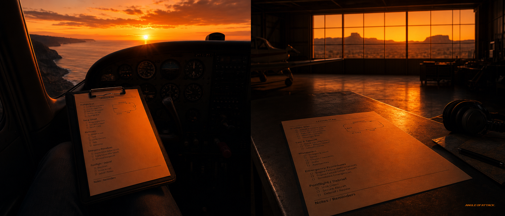 Split scene: lesson plan on a Cessna 172 kneeboard and on a hangar briefing table at sunset — Angle of Attack lesson plan in cockpit and ground
