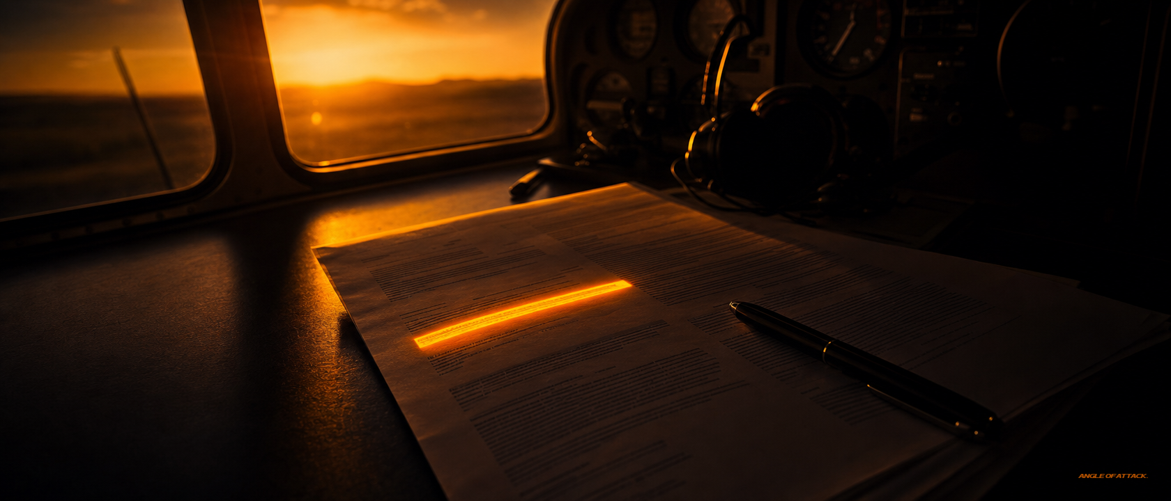 Federal regulation reference sheet rim-lit on a desk at sunset — Angle of Attack what the FAA requires for CFI lesson plans