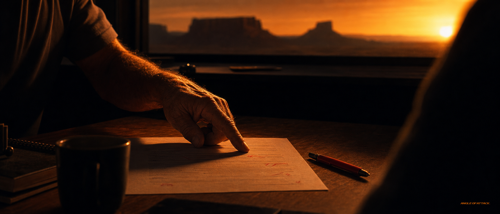 Senior CFI mentor's hand pointing at marked items on a one-page plan at sunset — Angle of Attack CFI lesson plan mistakes