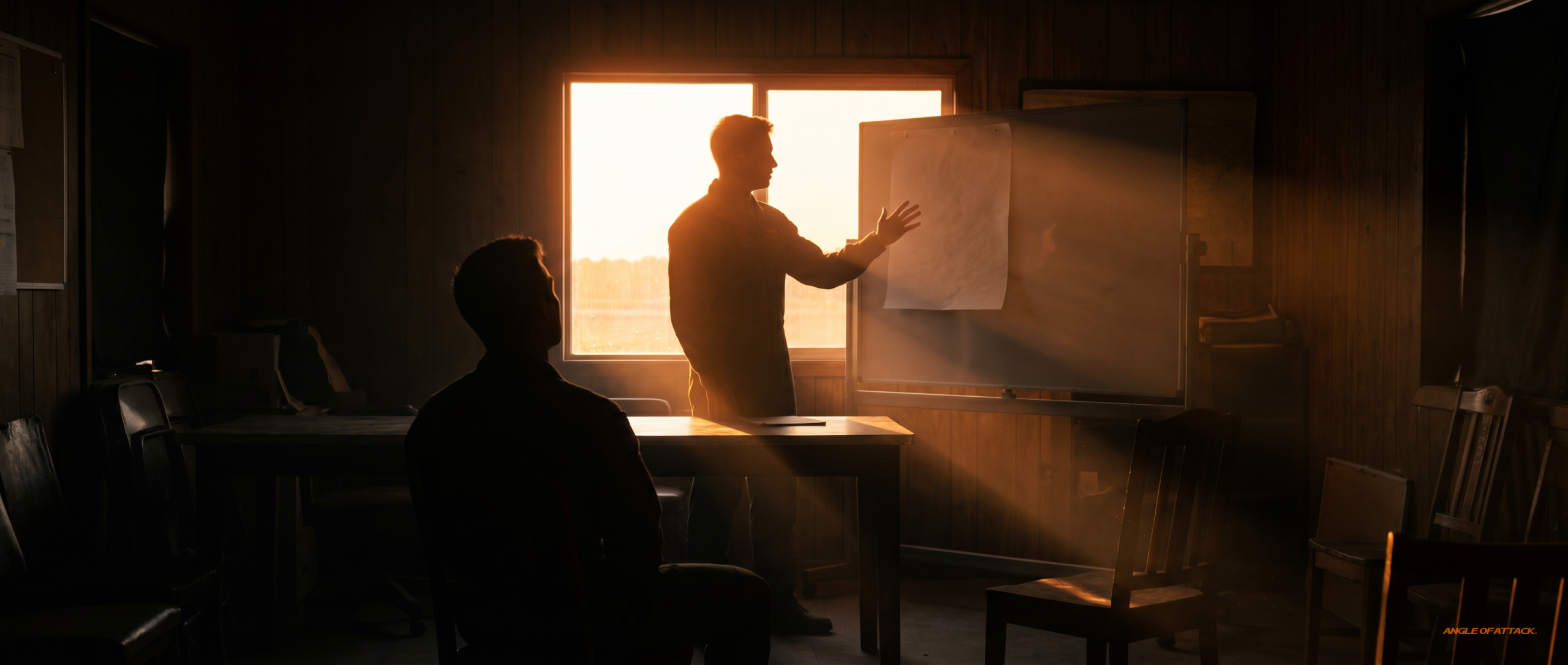 CFI candidate teaching at a briefing table at sunset — Angle of Attack lesson plan in cockpit and ground use