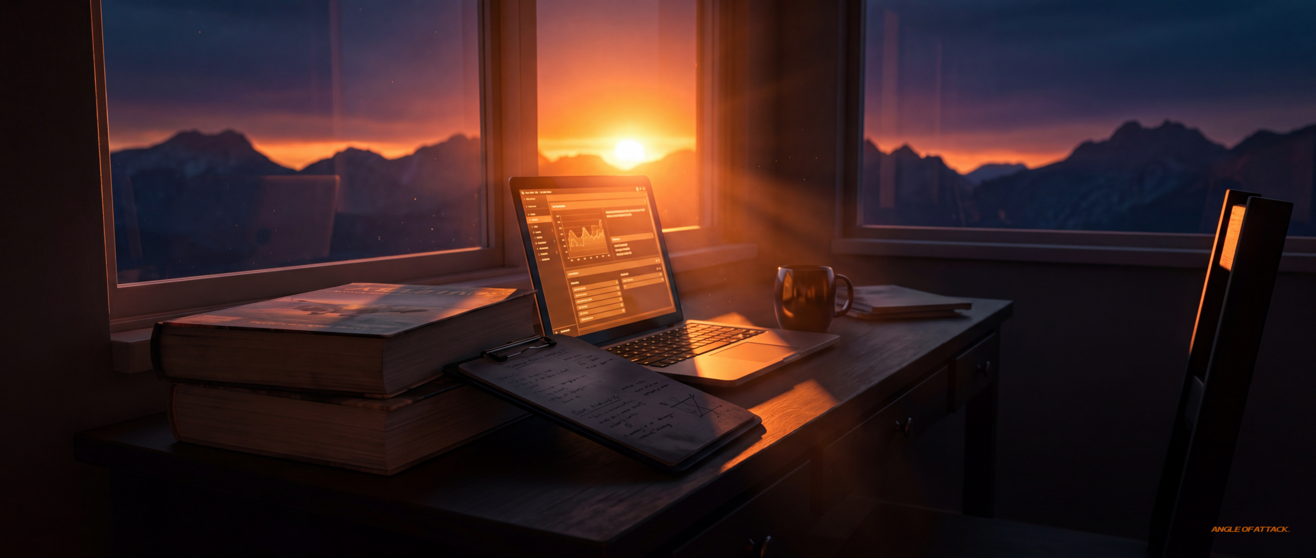A study desk at sunset with FAA handbooks and laptop — Angle of Attack FIA test prep