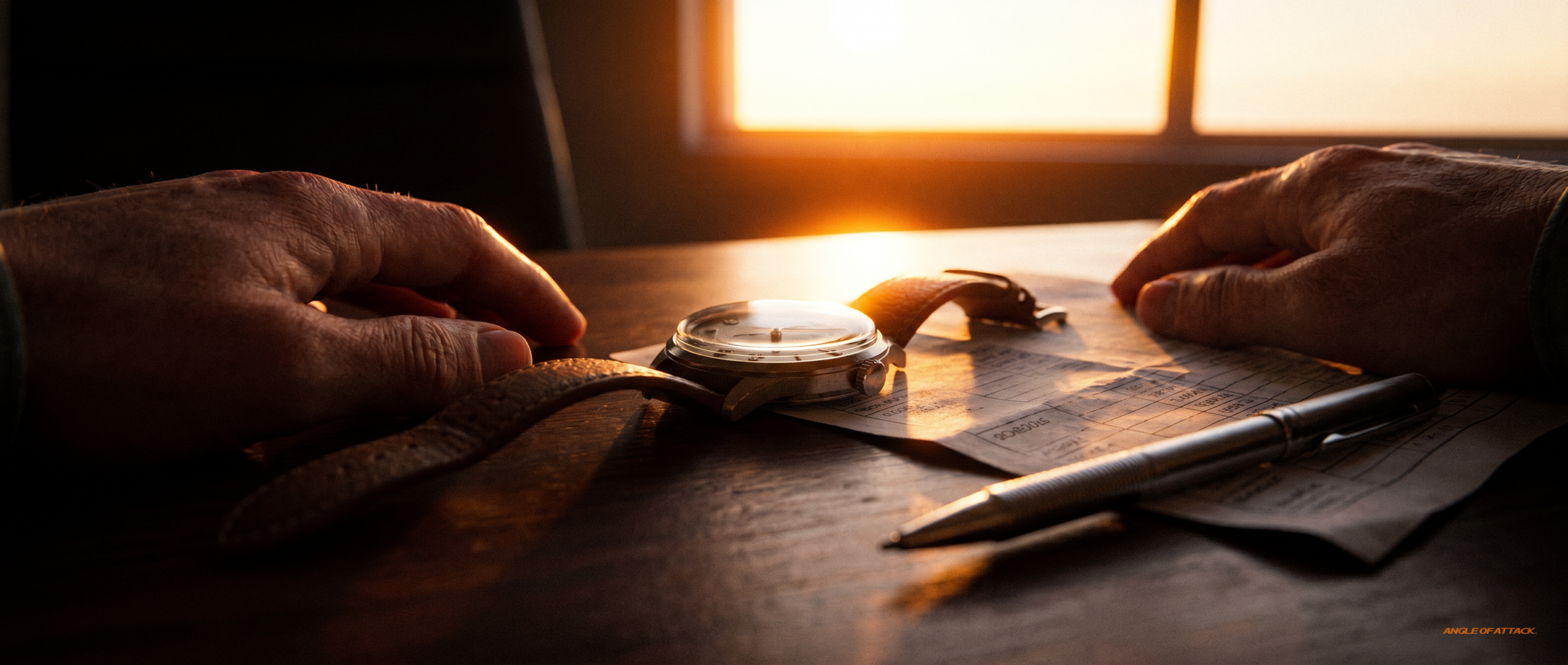 Pilot's hands at a briefing table with watch and schedule — Angle of Attack CFI checkride duration