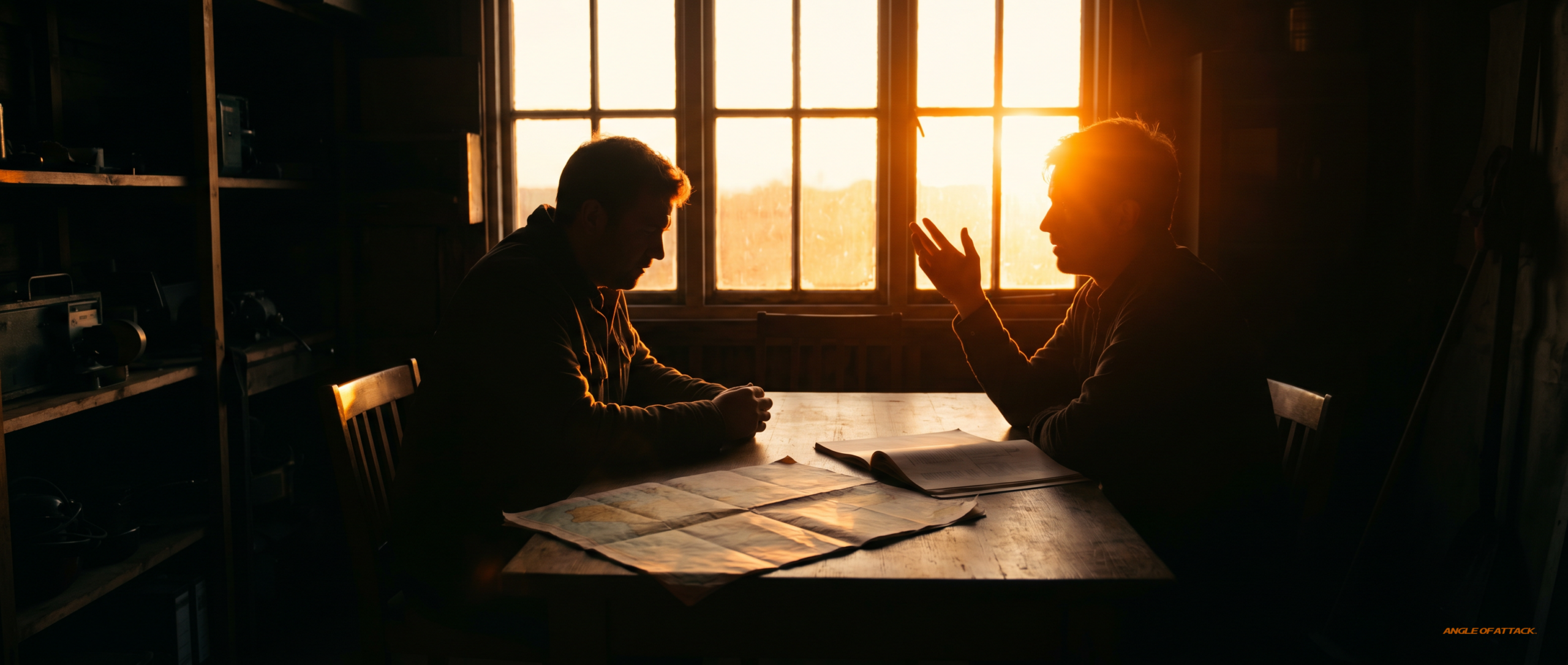 DPE and CFI candidate in silhouette across a briefing table at sunset — Angle of Attack CFI oral exam