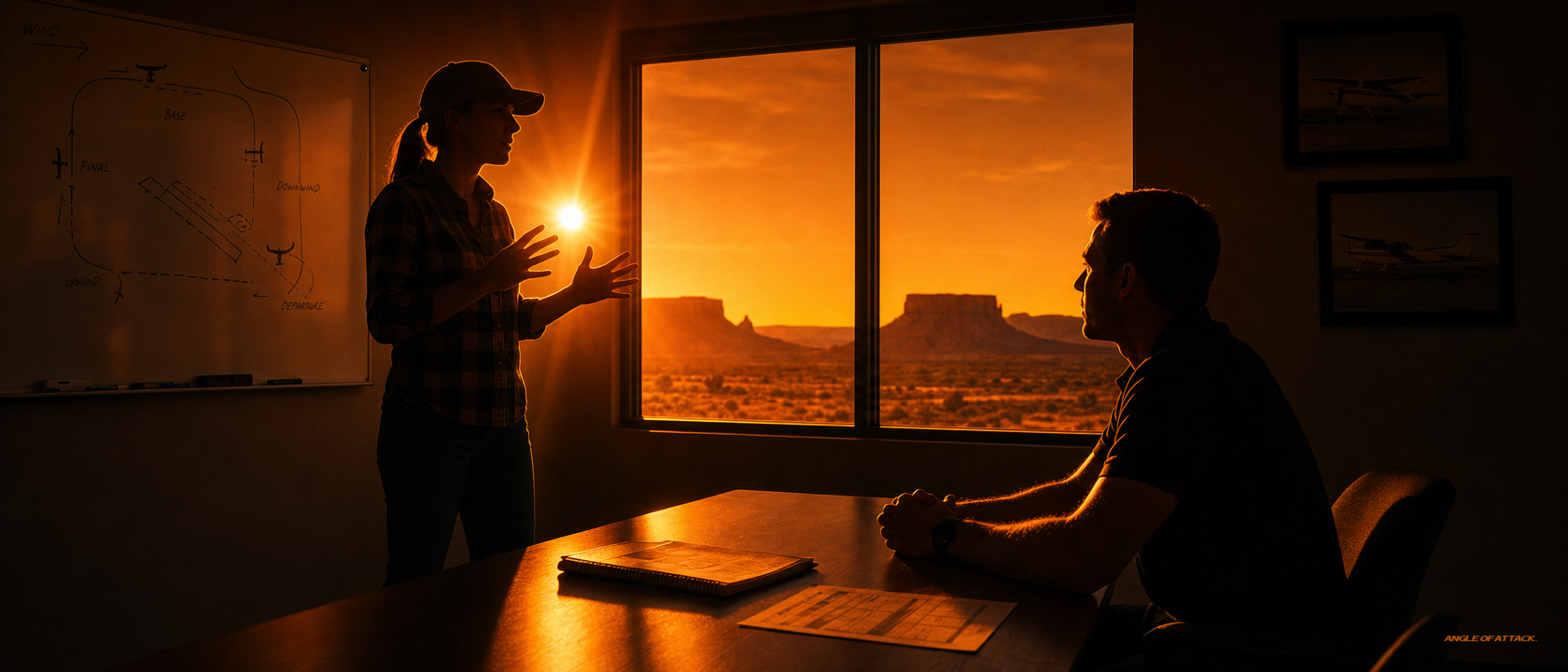 CFI candidate teaching at a briefing table at sunset, peer playing student — Angle of Attack CFI checkride right-way prep