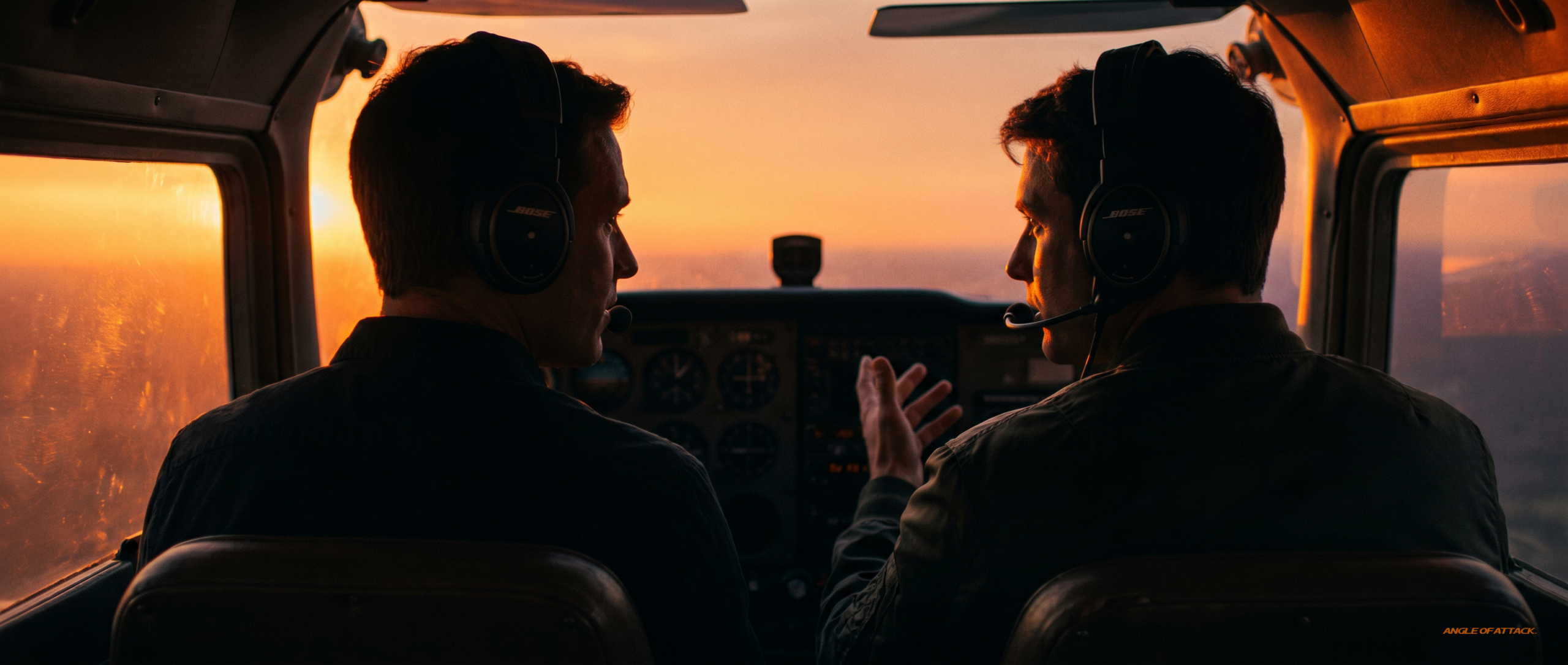 Cessna 172 cockpit at sunset with the candidate teaching from the right seat — Angle of Attack CFI examiner-as-student reframe