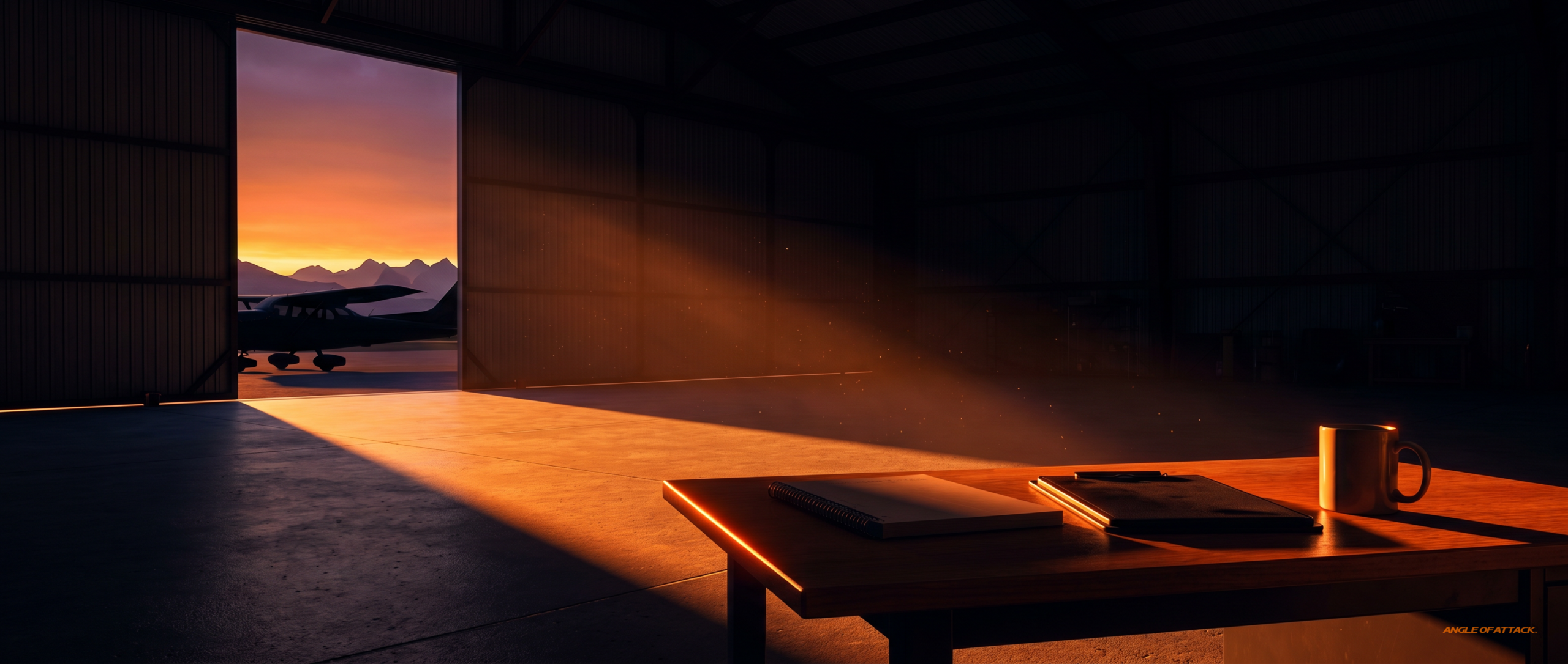 Hangar interior at sunset with ACS manual, kneeboard, and Cessna 172 silhouette — Angle of Attack CFI checkride overview