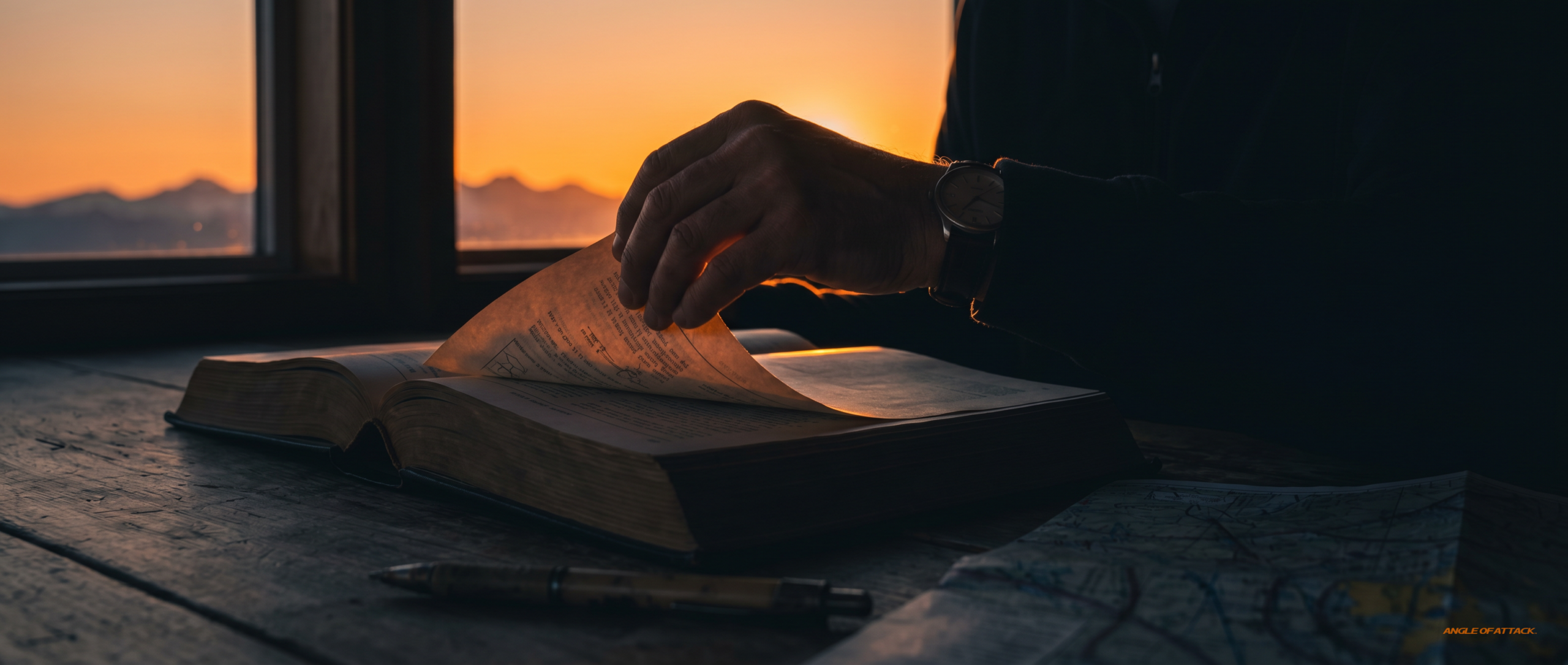DPE turning a page in the ACS standards manual at a briefing table at sunset — Angle of Attack CFI oral exam questions