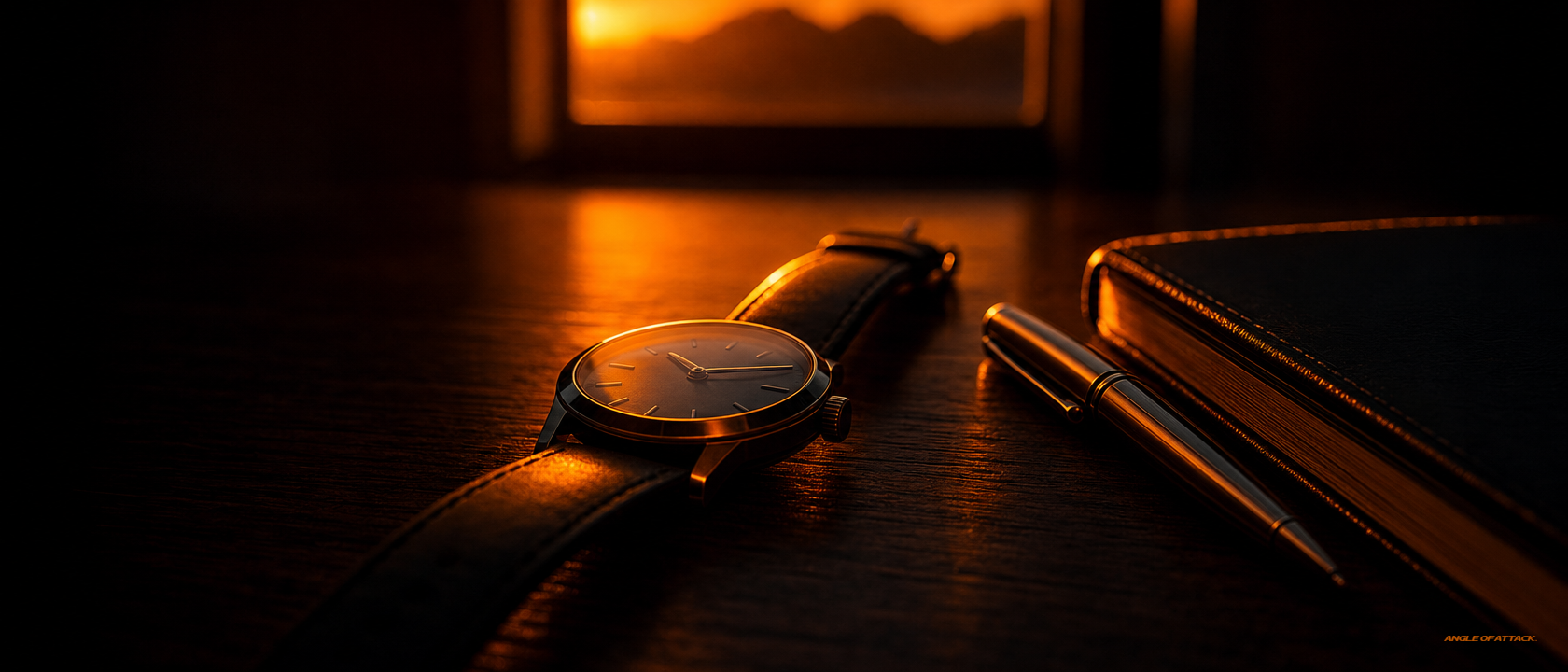 Analog wristwatch on a briefing table at sunset, rim-lit — Angle of Attack CFI oral exam duration
