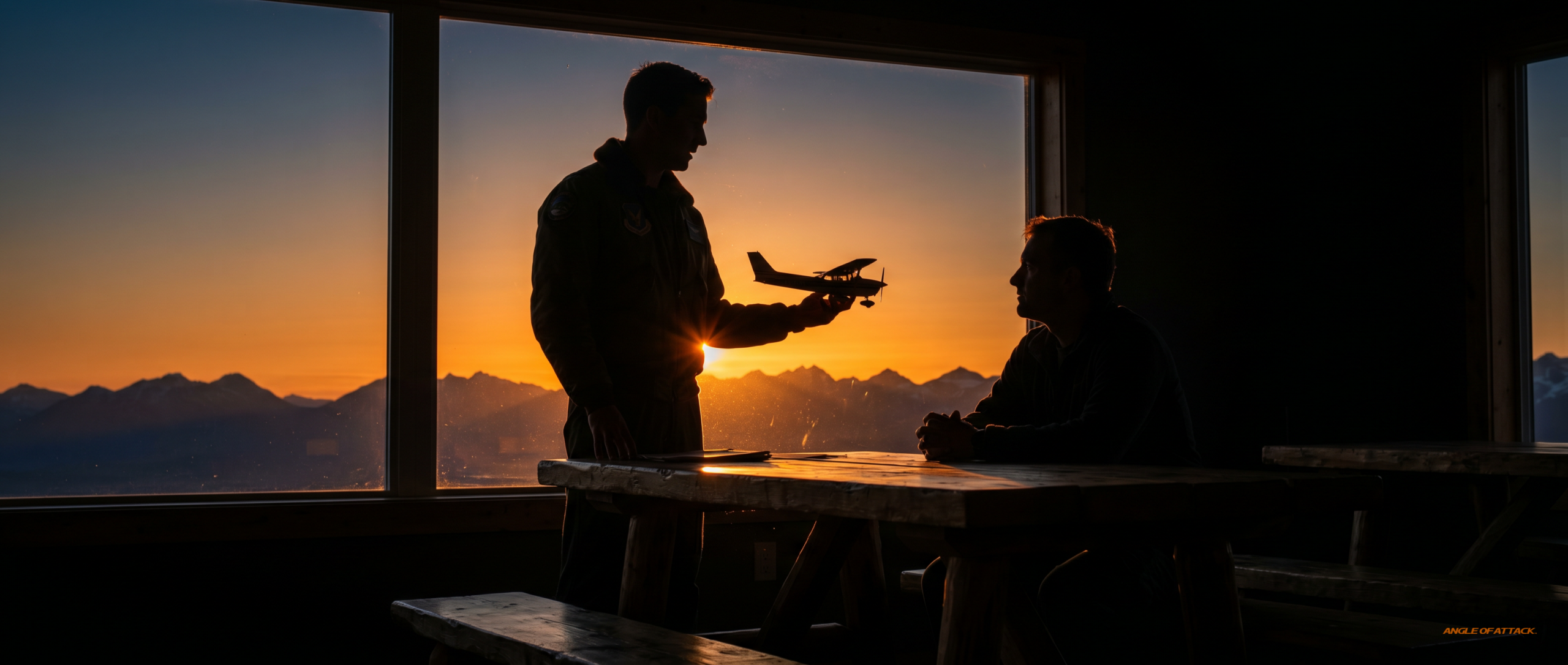 CFI candidate gesturing with a model Cessna at a briefing table — Angle of Attack CFI oral exam teach-don't-test