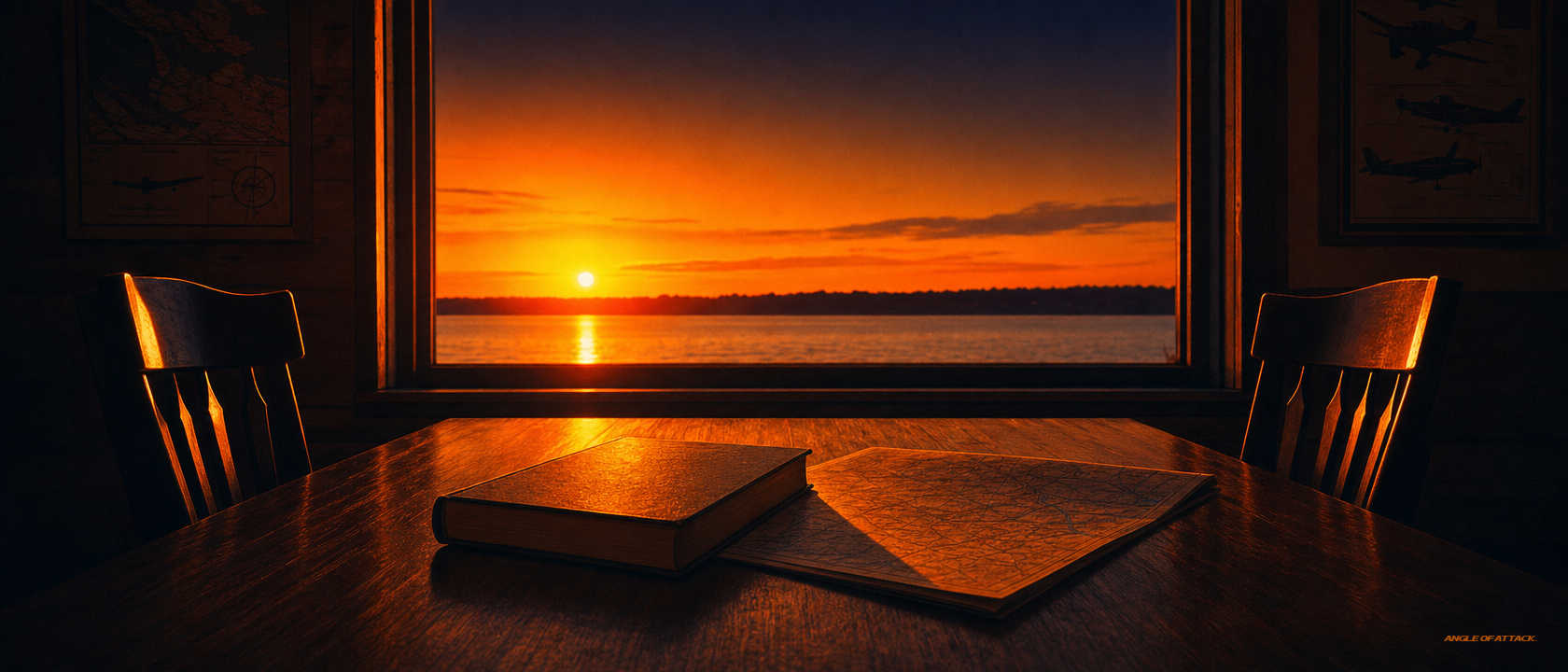 Empty briefing room at sunset with ACS book and sectional on the table — Angle of Attack CFI oral exam introduction