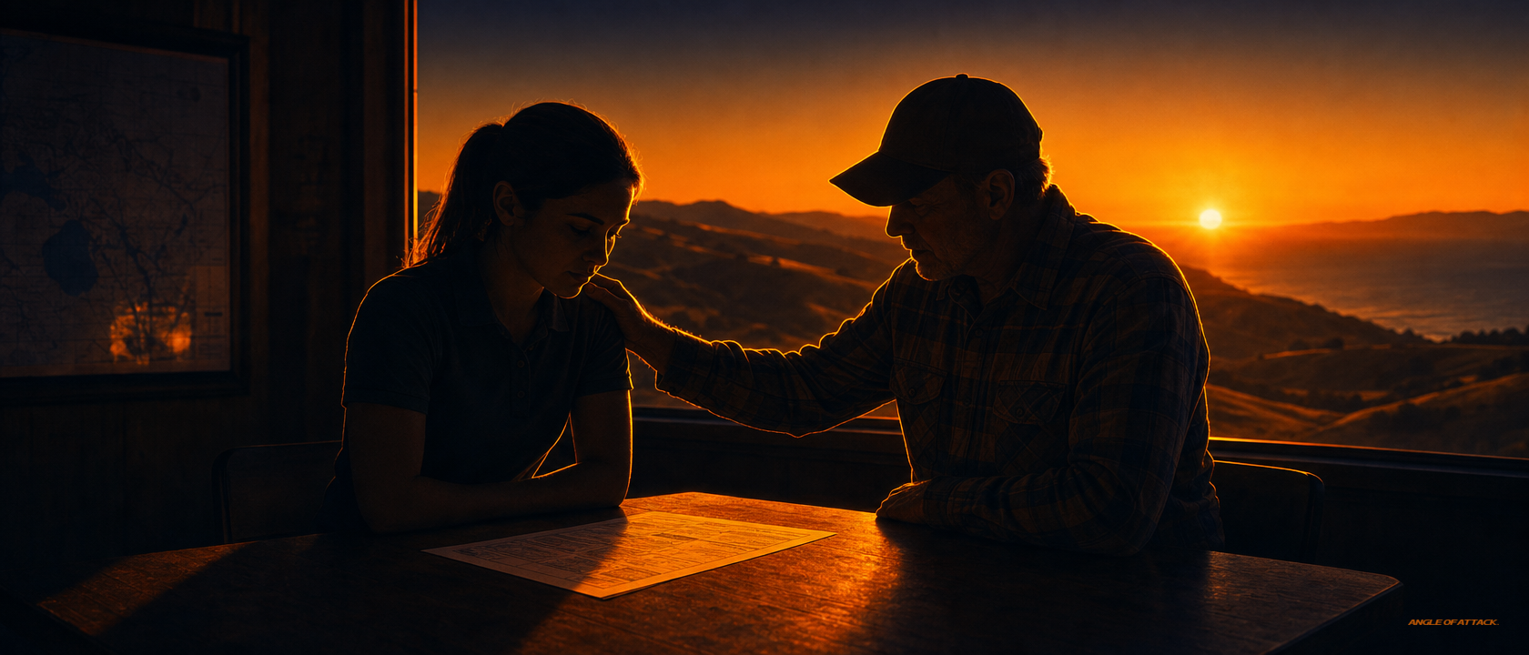 CFI mentor with hand on candidate's shoulder reviewing a Notice of Disapproval — Angle of Attack CFI fail recovery