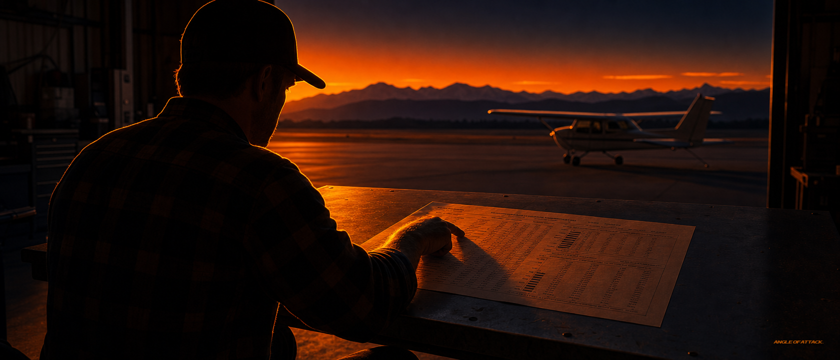 FAA statistics report on a hangar table at sunset with pilot tapping a section — Angle of Attack the actual CFI pass rate