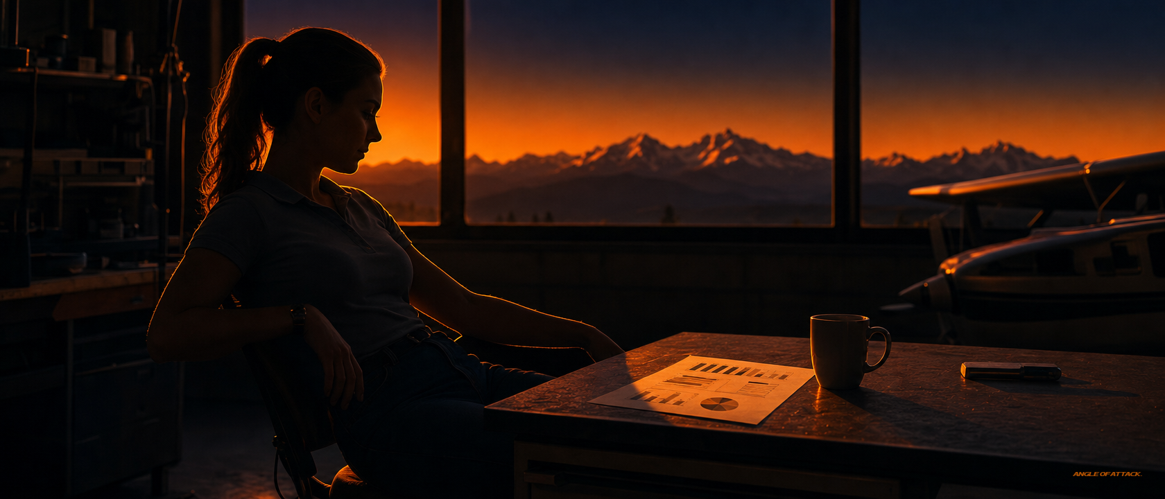Pilot at a hangar table calmly reviewing a printed report at sunset — Angle of Attack the math is on your side