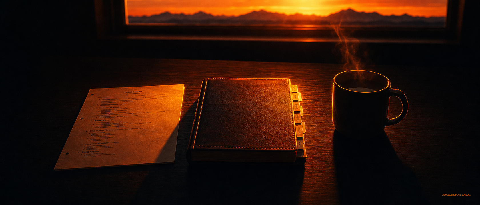 Three deliberate items on a desk at sunset: lesson plan, logbook, coffee mug — Angle of Attack CFI first-try pass predictors