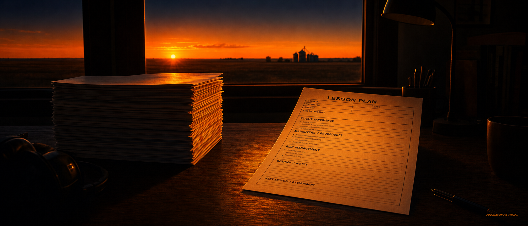 Stack of one-page lesson plans rim-lit, smaller flight gear in shadow on the same desk — Angle of Attack CFI prep 80/20 rule
