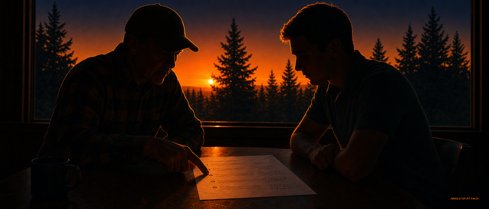 Self-evaluation worksheet on a briefing table with mentor pointing at one item — Angle of Attack five common CFI prep mistakes