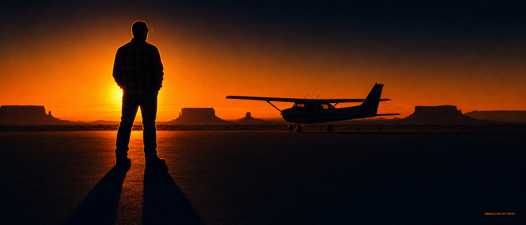 Pilot at the edge of a flight school ramp at sunset looking toward Alaskan peaks — Angle of Attack what ready looks like