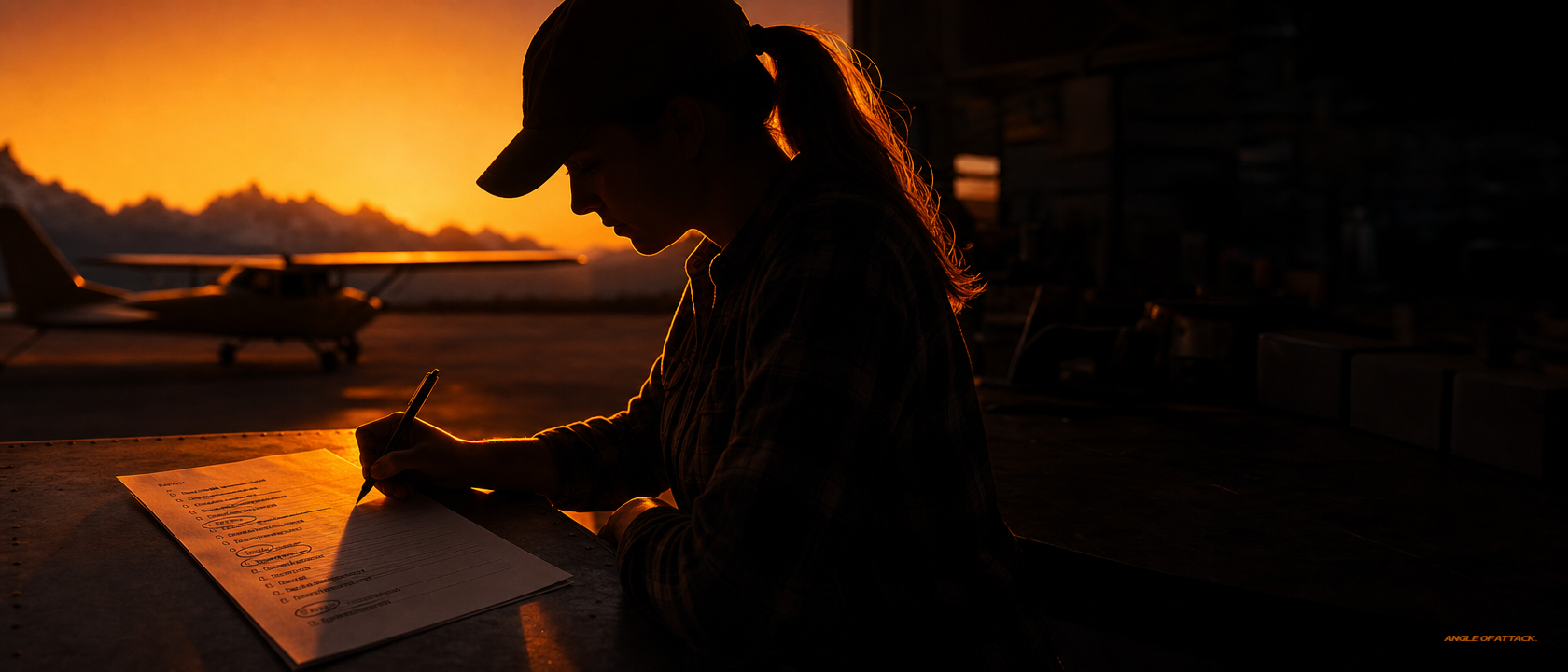 Pilot striking through items on a hangar-bench checklist at sunset — Angle of Attack what to skip in CFI prep