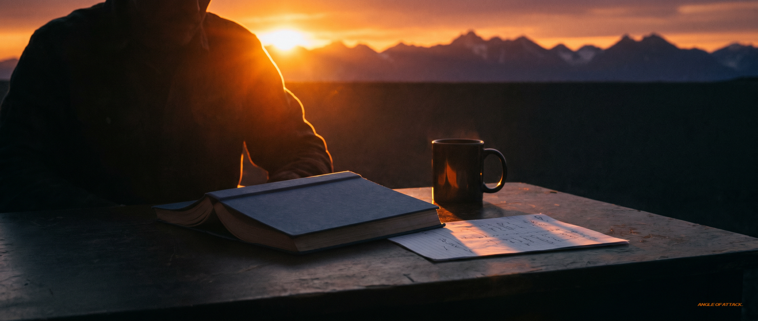 Aviation Instructor's Handbook open at sunset with handwritten Week 1 summary — Angle of Attack 30-day CFI prep Week 1