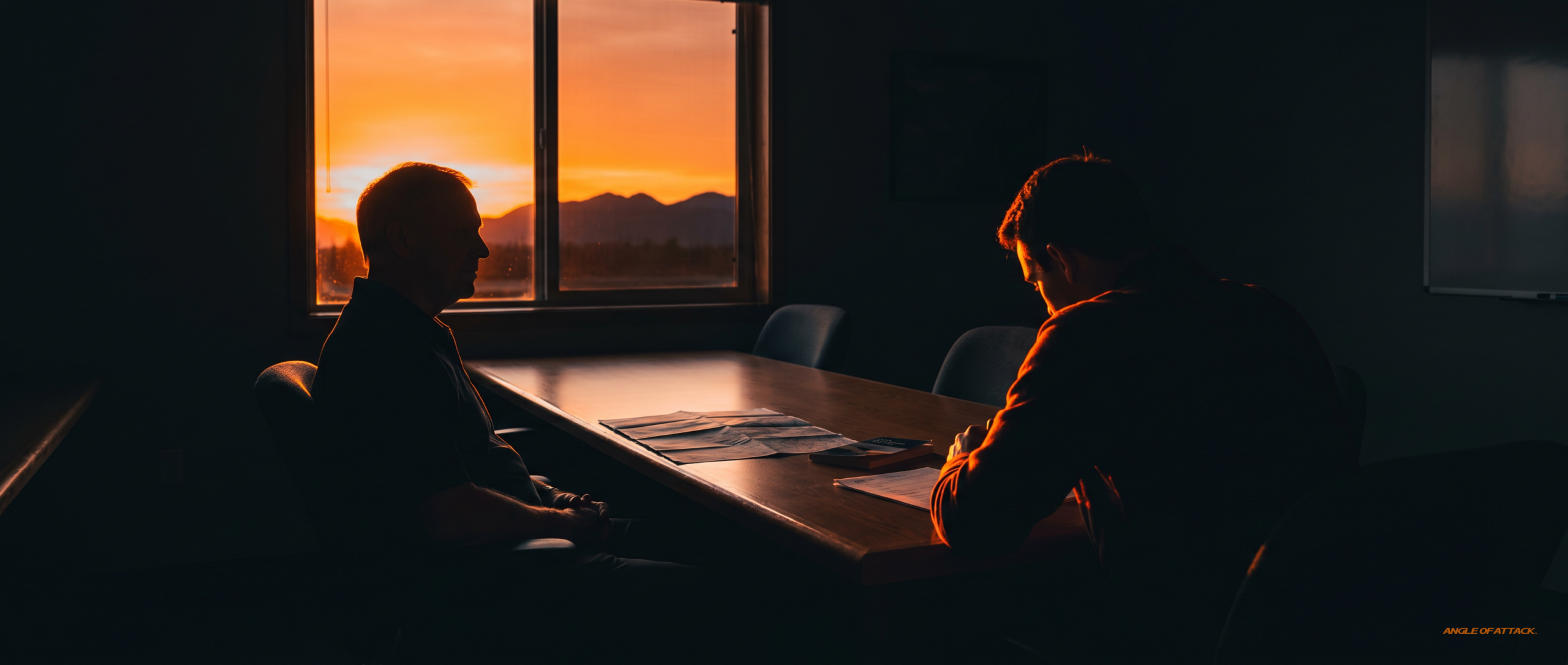 Briefing room at sunset with senior CFI mentor and candidate during mock checkride — Angle of Attack 30-day CFI prep Week 3