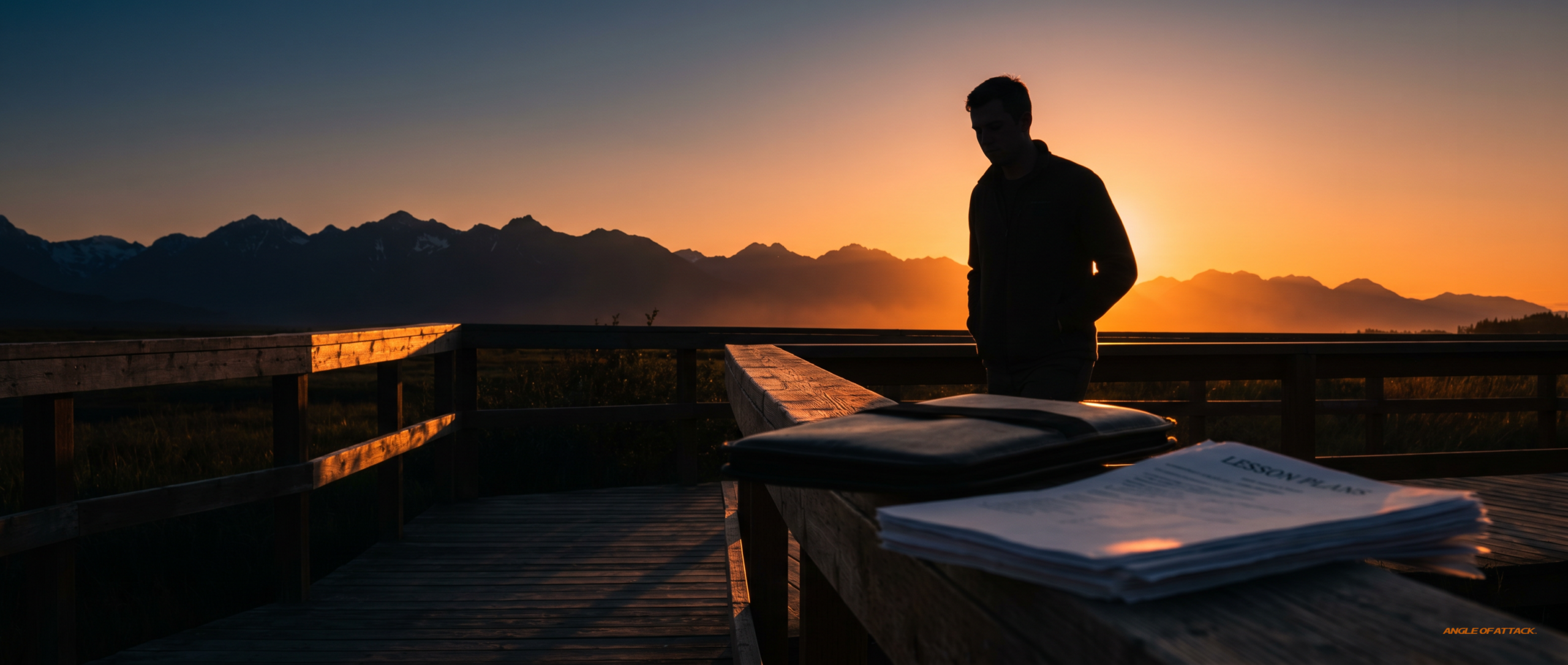 Candidate walking outdoors at sunset with closed kneeboard on a porch railing — Angle of Attack 30-day CFI prep Week 4 rest