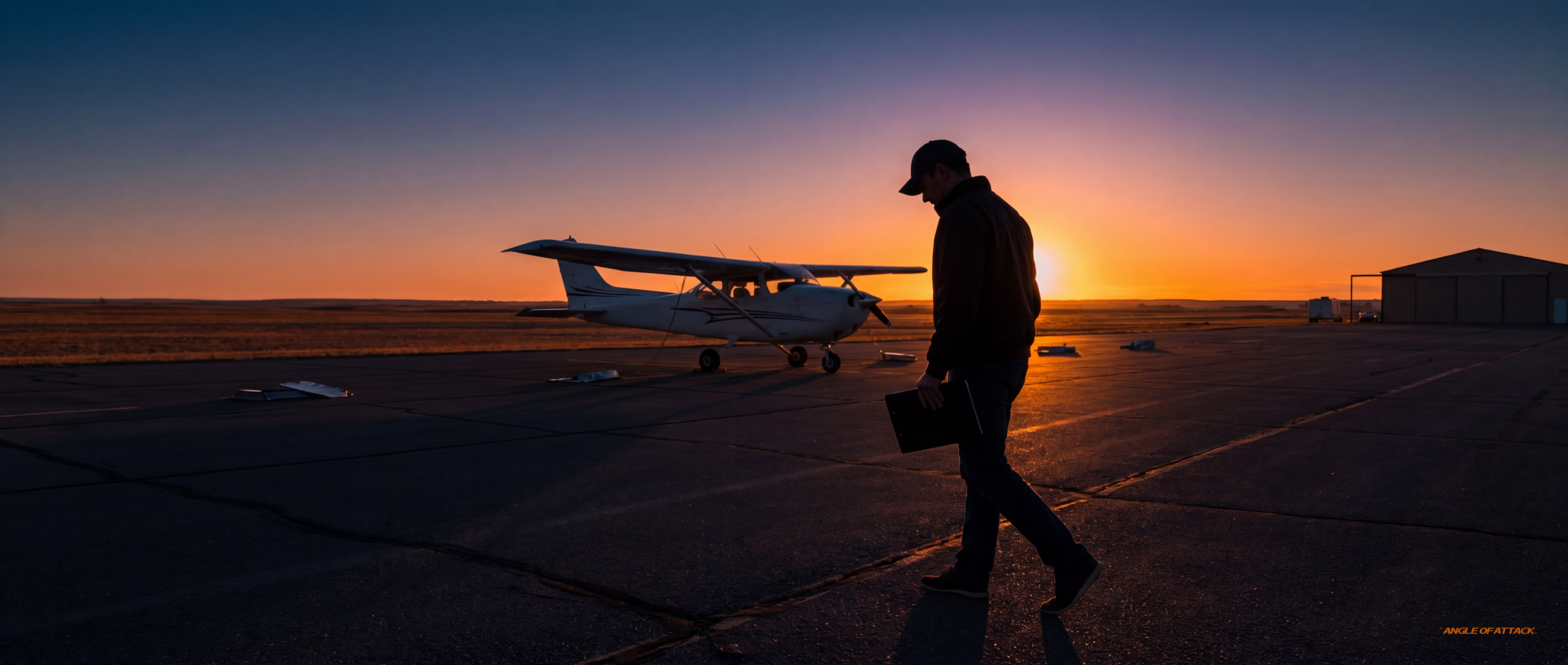 A pilot walking on a flight school ramp at sunset after a checkride fail — Angle of Attack failed CFI checkride recovery