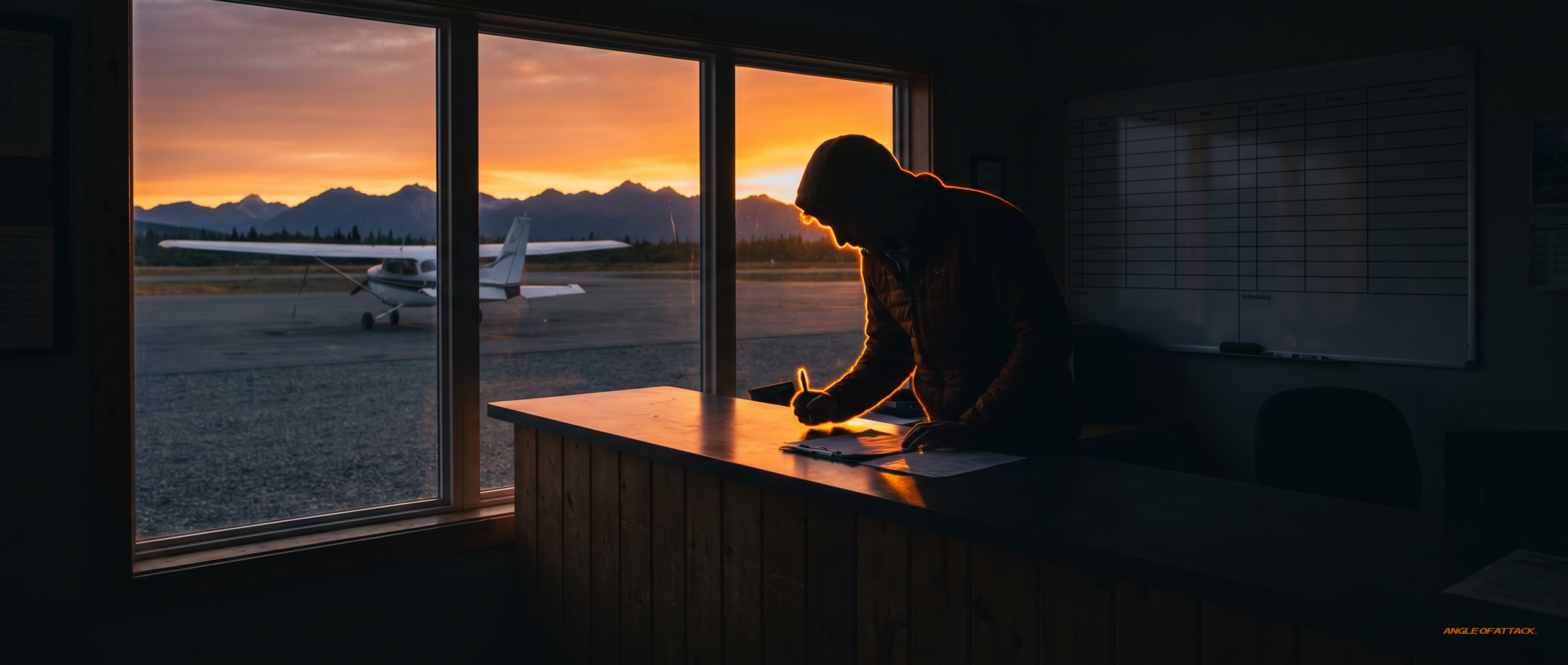 Flight school front desk at sunset, CFI pointing at a calendar with student reaching for a wallet — Angle of Attack discovery flight conversion
