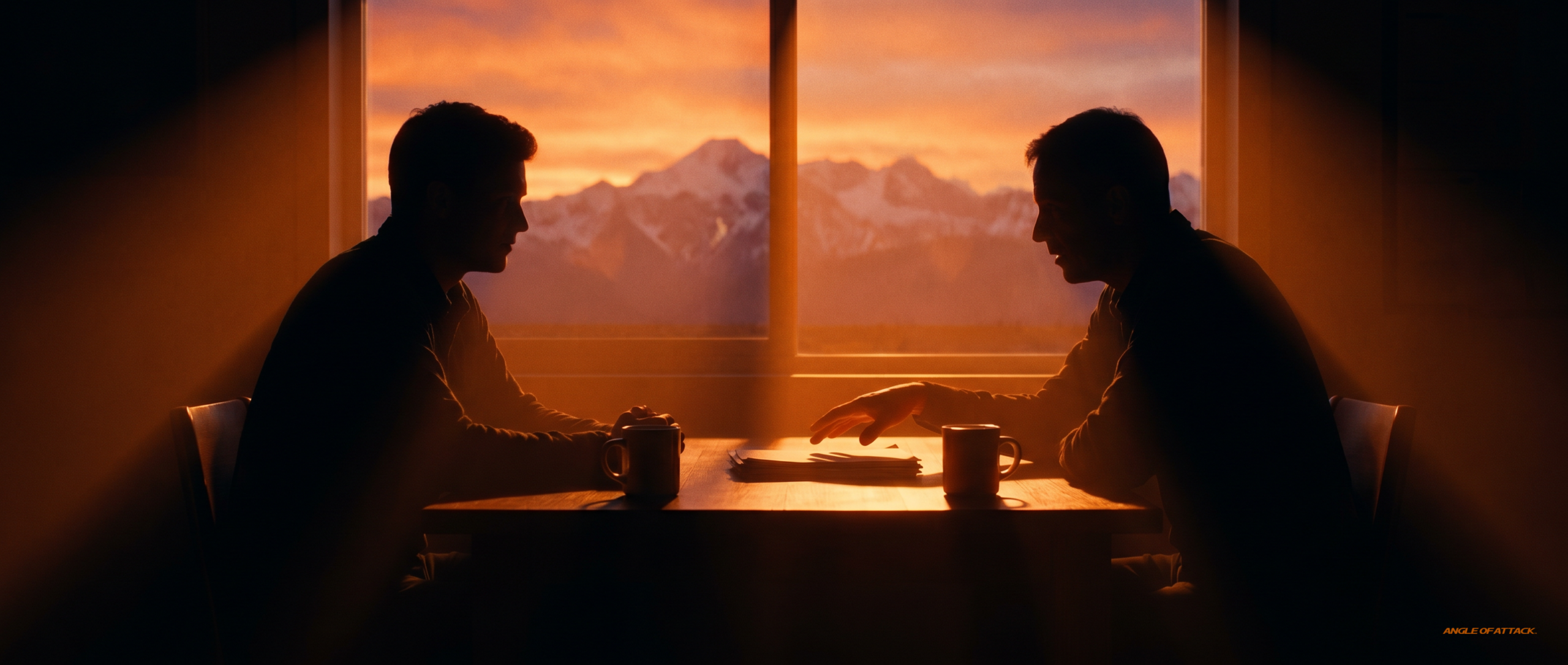 New CFI and student at a briefing table at sunset, mid-debrief with one-page summary — Angle of Attack discovery flight debrief
