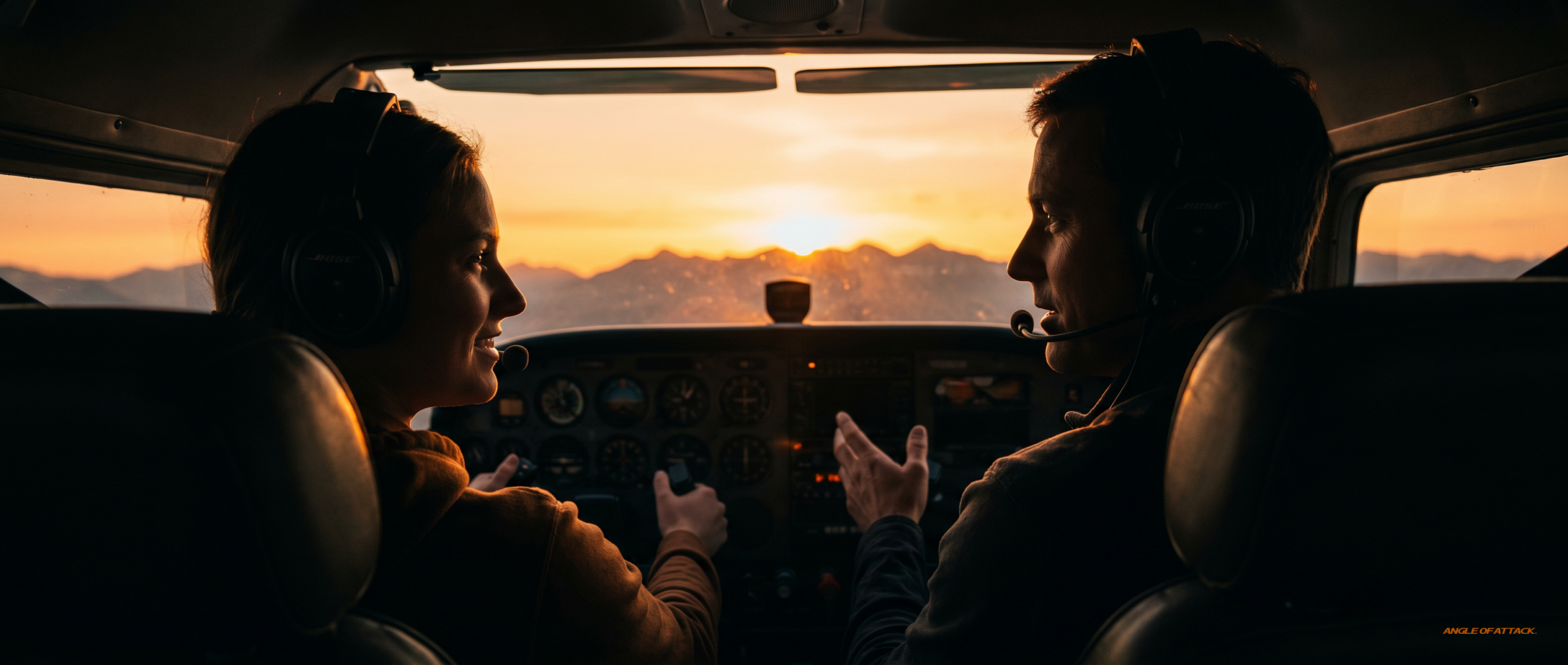 Cessna 172 cockpit at sunset, brand-new student in the left seat with both hands on the yoke — Angle of Attack discovery flight in air