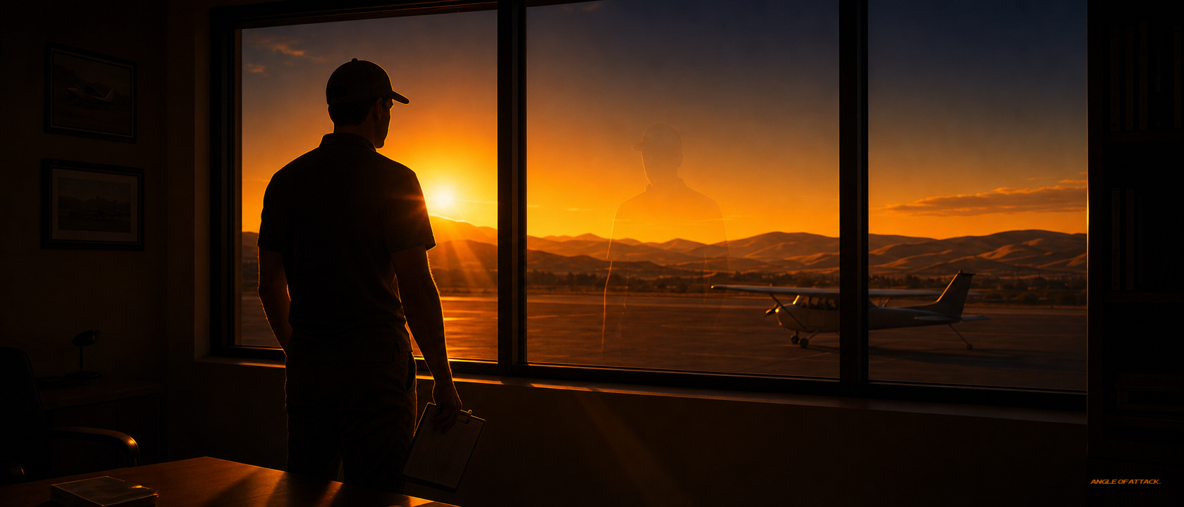 New CFI alone at a flight school office window at sunset, contemplative — Angle of Attack the day-one mistake