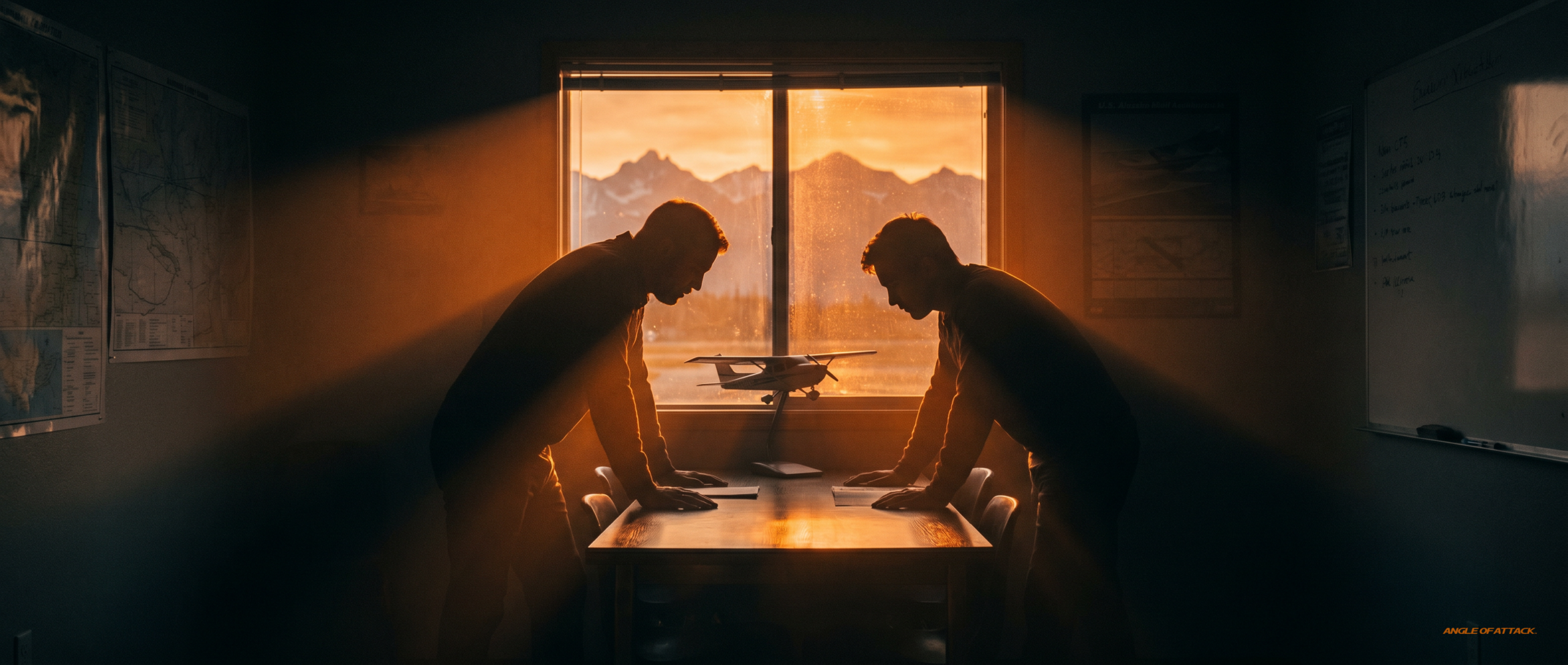 New CFI and brand-new student at a briefing table at sunset with model airplane — Angle of Attack discovery flight pre-brief