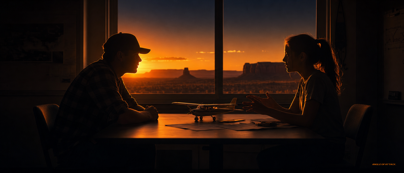 New CFI listening attentively at a briefing table at sunset, model airplane between them — Angle of Attack first-lesson student reactions